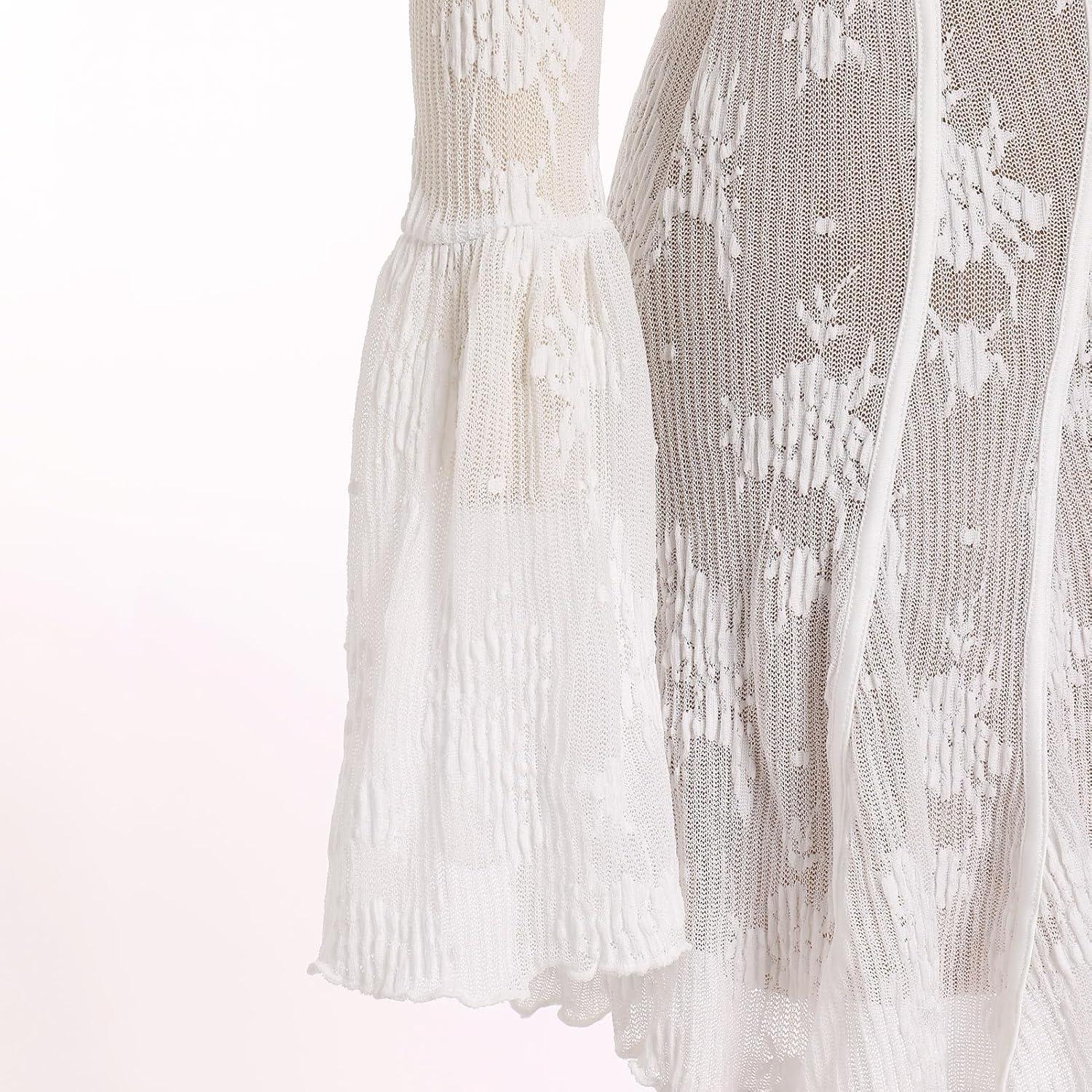 imageIDOPIP Women Long Bell Sleeve Corset Mini Dress Floral Lace Tie Front Ruffle Dress Empire Waist Club Cocktail Party DressWhite
