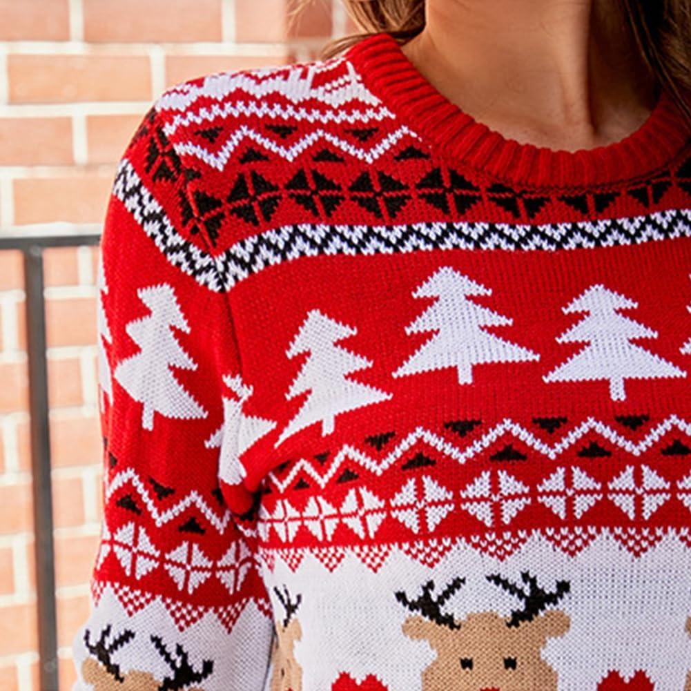 imageIDOPIP Women Long Sleeve Christmas Pullover Sweater 2024 Top Crewneck Winter Casual Xmas Knitted Top Reindeer SweatshirtsRed