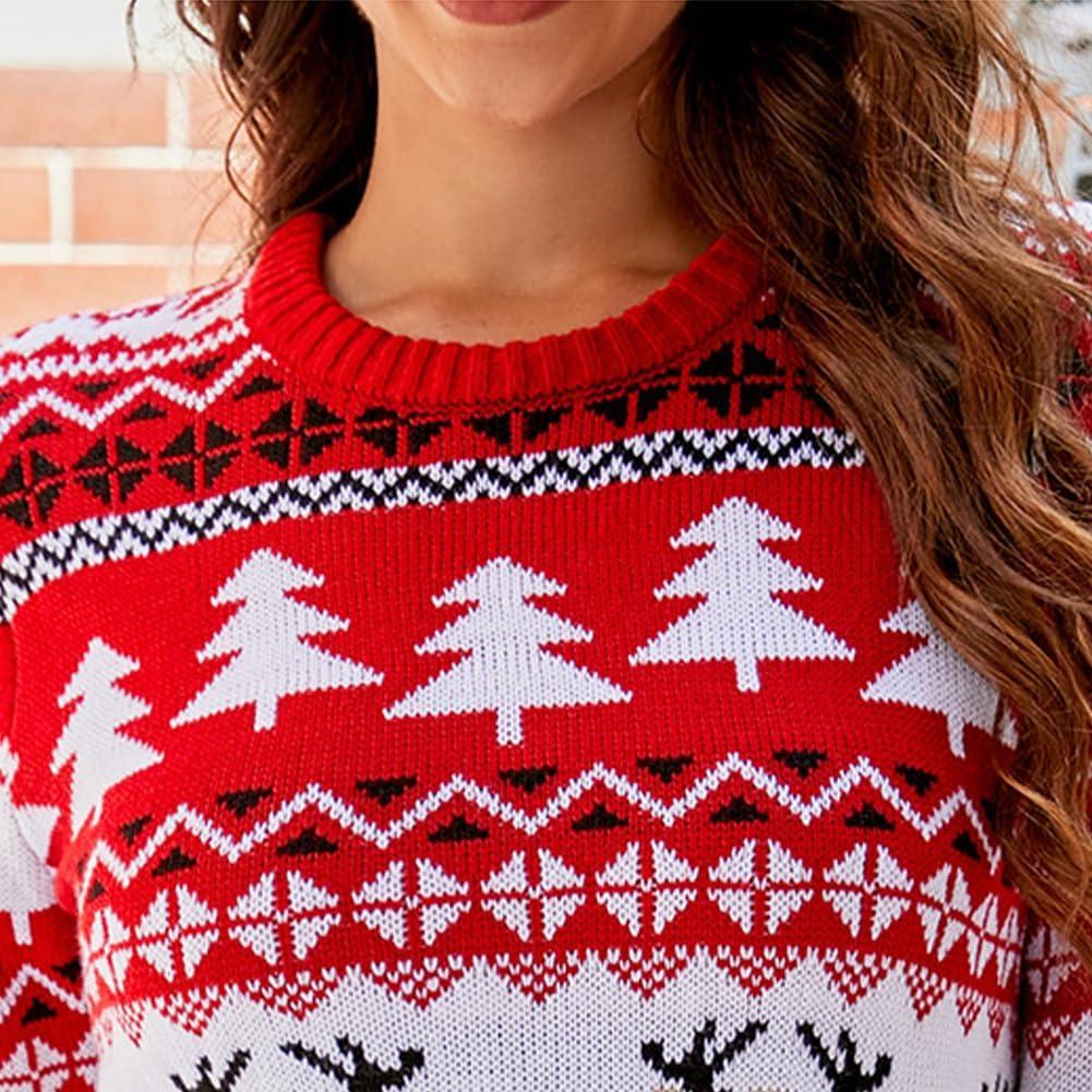 imageIDOPIP Women Long Sleeve Christmas Pullover Sweater 2024 Top Crewneck Winter Casual Xmas Knitted Top Reindeer SweatshirtsRed