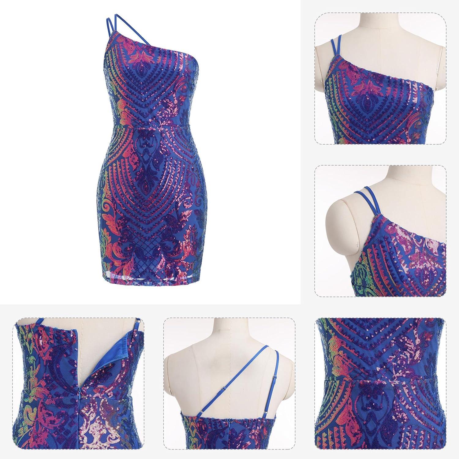 imageIDOPIP Women Sexy One Shoulder Sparkle Sequin Bodycon Dress Glitter Cocktail Party Mini Dress Elegant Fitted Homecoming DressBlue