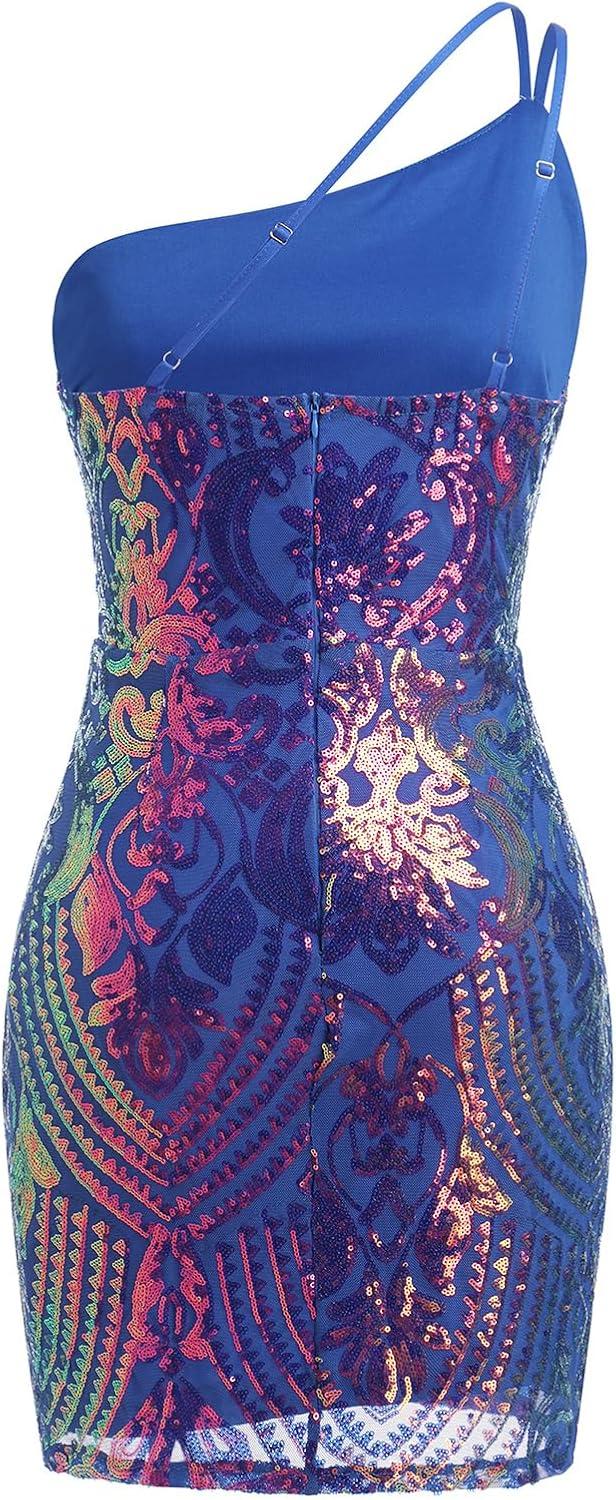 imageIDOPIP Women Sexy One Shoulder Sparkle Sequin Bodycon Dress Glitter Cocktail Party Mini Dress Elegant Fitted Homecoming DressBlue