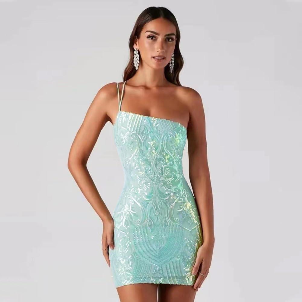 imageIDOPIP Women Sexy One Shoulder Sparkle Sequin Bodycon Dress Glitter Cocktail Party Mini Dress Elegant Fitted Homecoming DressGreen