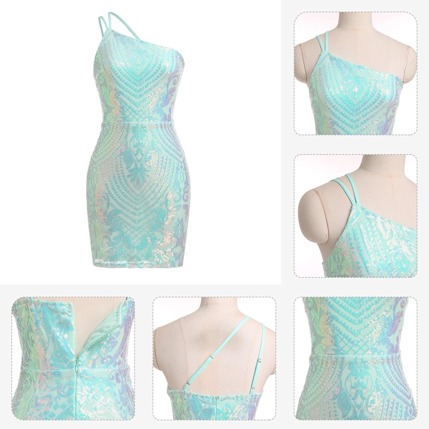 imageIDOPIP Women Sexy One Shoulder Sparkle Sequin Bodycon Dress Glitter Cocktail Party Mini Dress Elegant Fitted Homecoming DressGreen