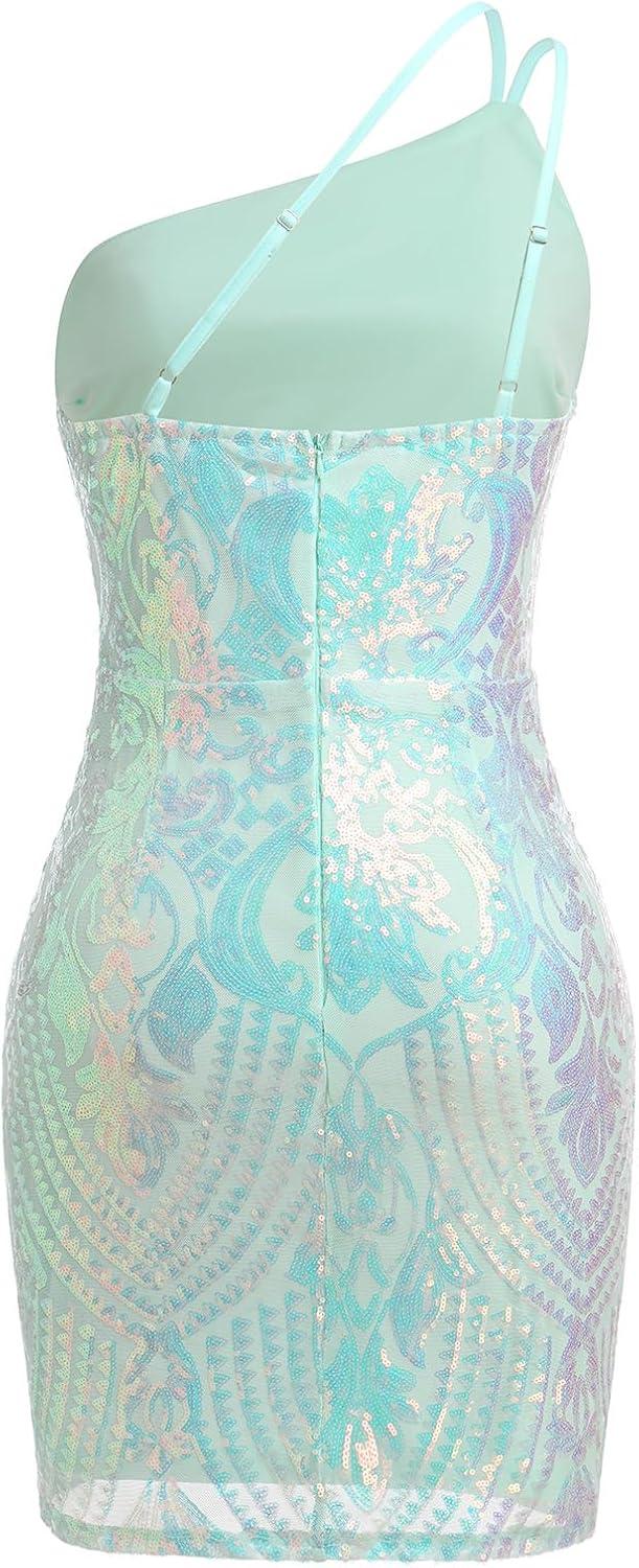 imageIDOPIP Women Sexy One Shoulder Sparkle Sequin Bodycon Dress Glitter Cocktail Party Mini Dress Elegant Fitted Homecoming DressGreen