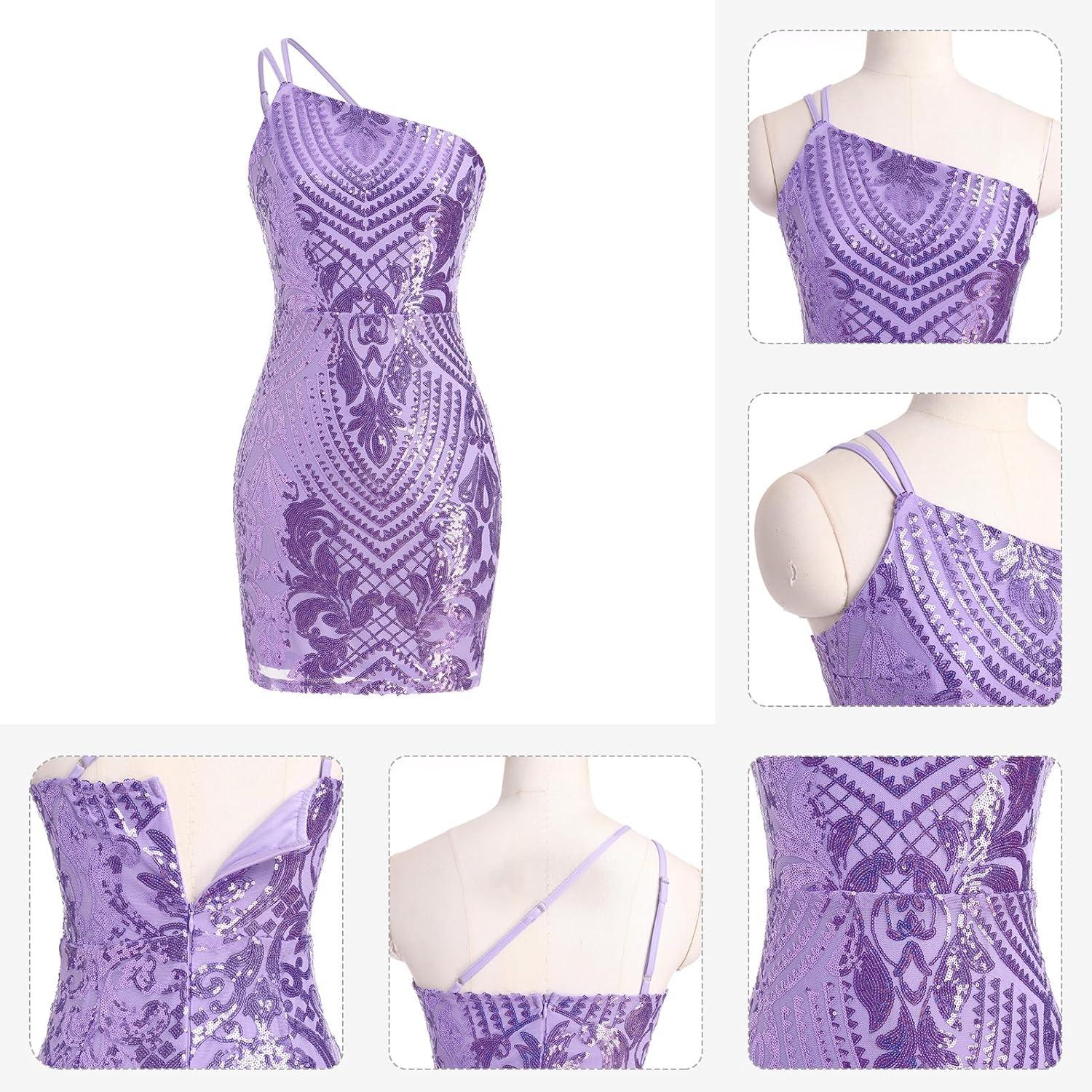 imageIDOPIP Women Sexy One Shoulder Sparkle Sequin Bodycon Dress Glitter Cocktail Party Mini Dress Elegant Fitted Homecoming DressPurple