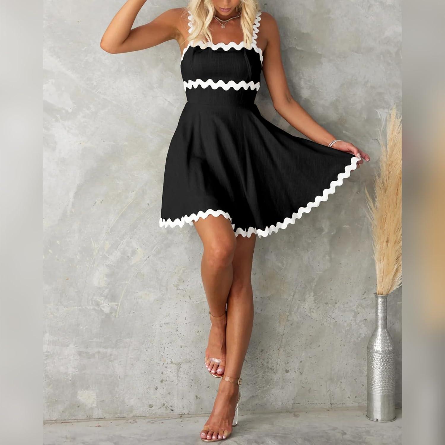 imageIDOPIP Women Summer Boho Mini Dress Smocked Empire Waist Rickrack Trim Flowy Sundress Spaghetti Straps ALine Swing DressBlack