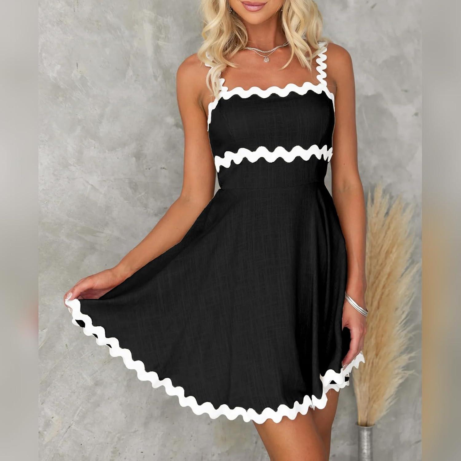 imageIDOPIP Women Summer Boho Mini Dress Smocked Empire Waist Rickrack Trim Flowy Sundress Spaghetti Straps ALine Swing DressBlack