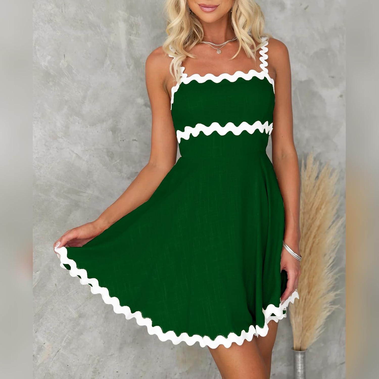 imageIDOPIP Women Summer Boho Mini Dress Smocked Empire Waist Rickrack Trim Flowy Sundress Spaghetti Straps ALine Swing DressGreen