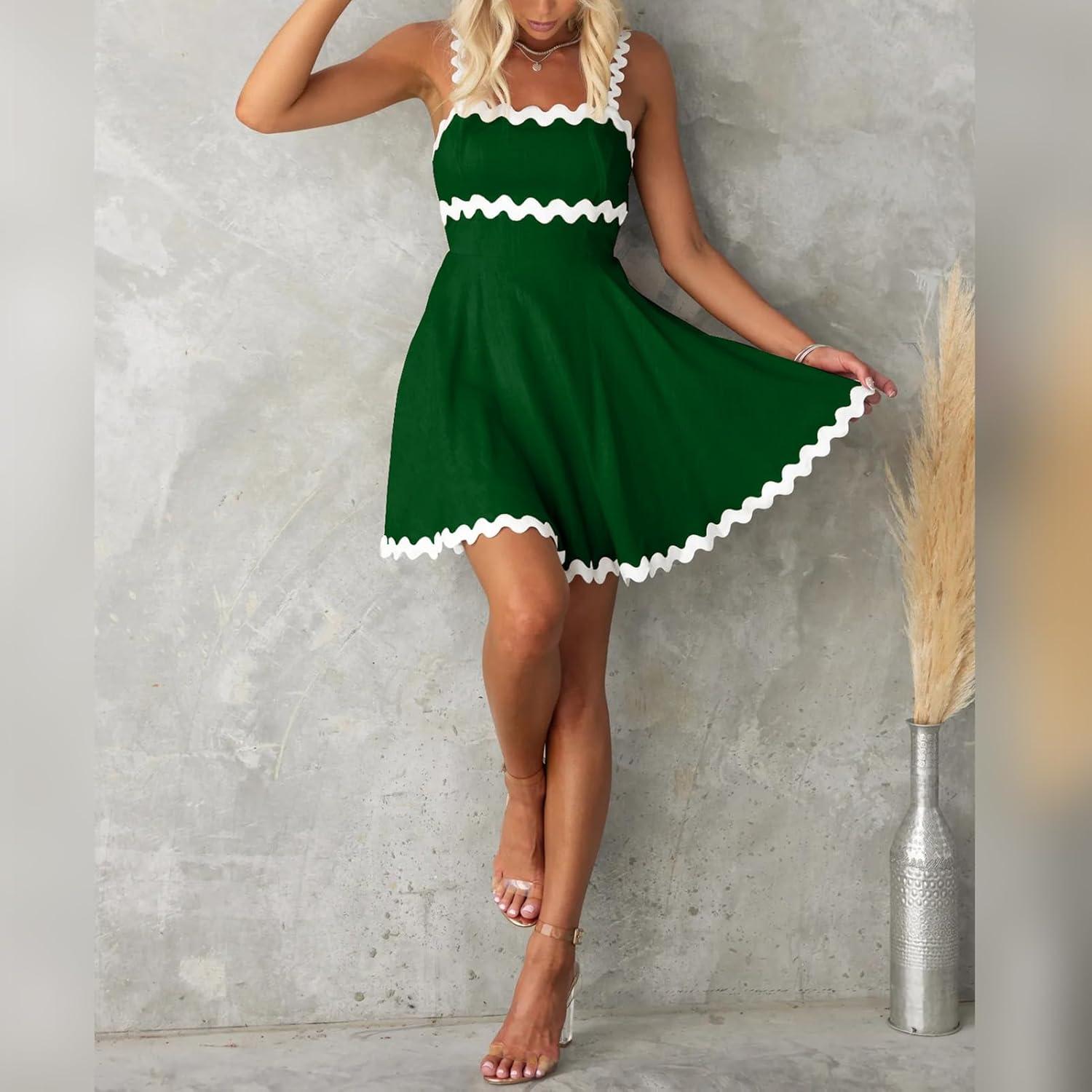 imageIDOPIP Women Summer Boho Mini Dress Smocked Empire Waist Rickrack Trim Flowy Sundress Spaghetti Straps ALine Swing DressGreen