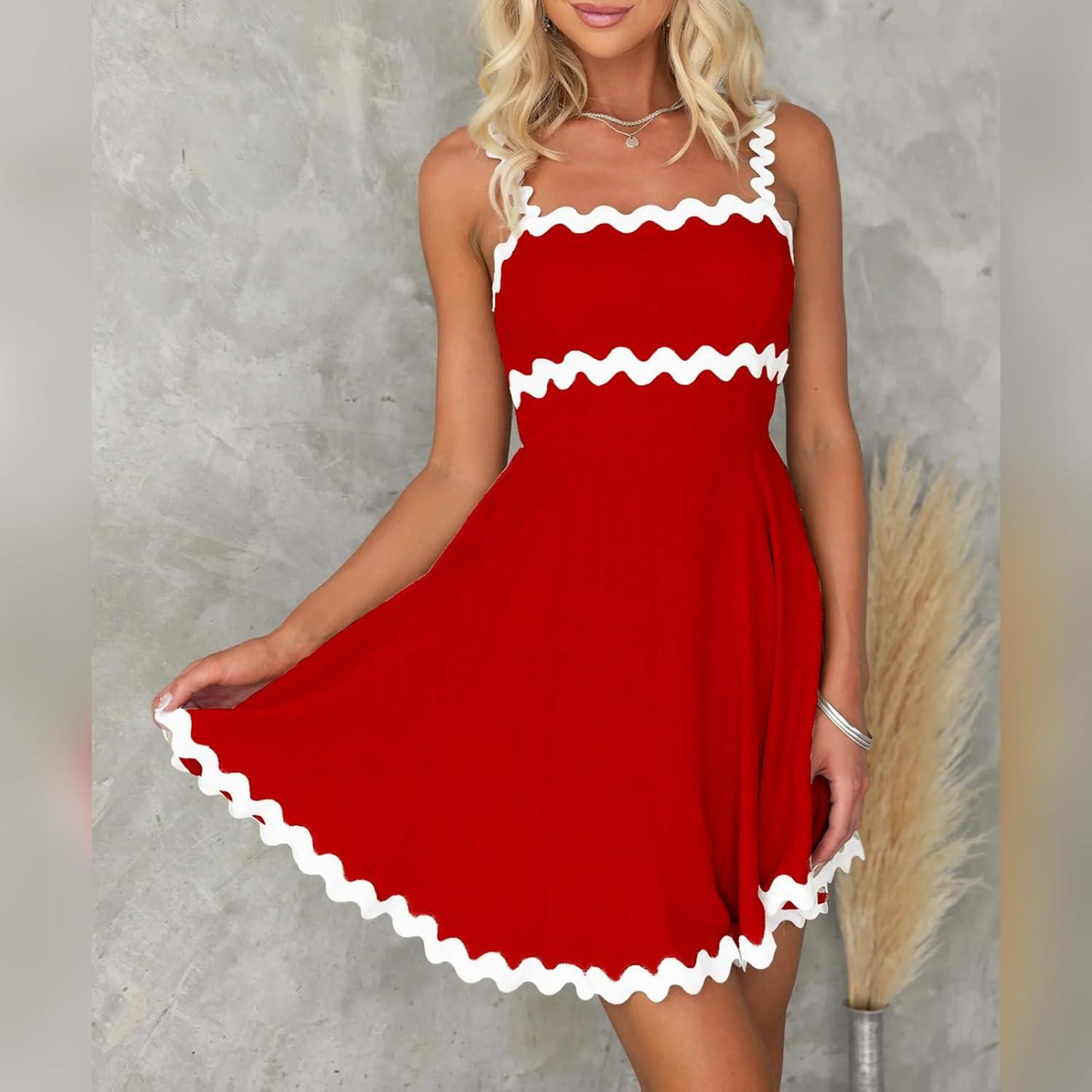 imageIDOPIP Women Summer Boho Mini Dress Smocked Empire Waist Rickrack Trim Flowy Sundress Spaghetti Straps ALine Swing DressRed