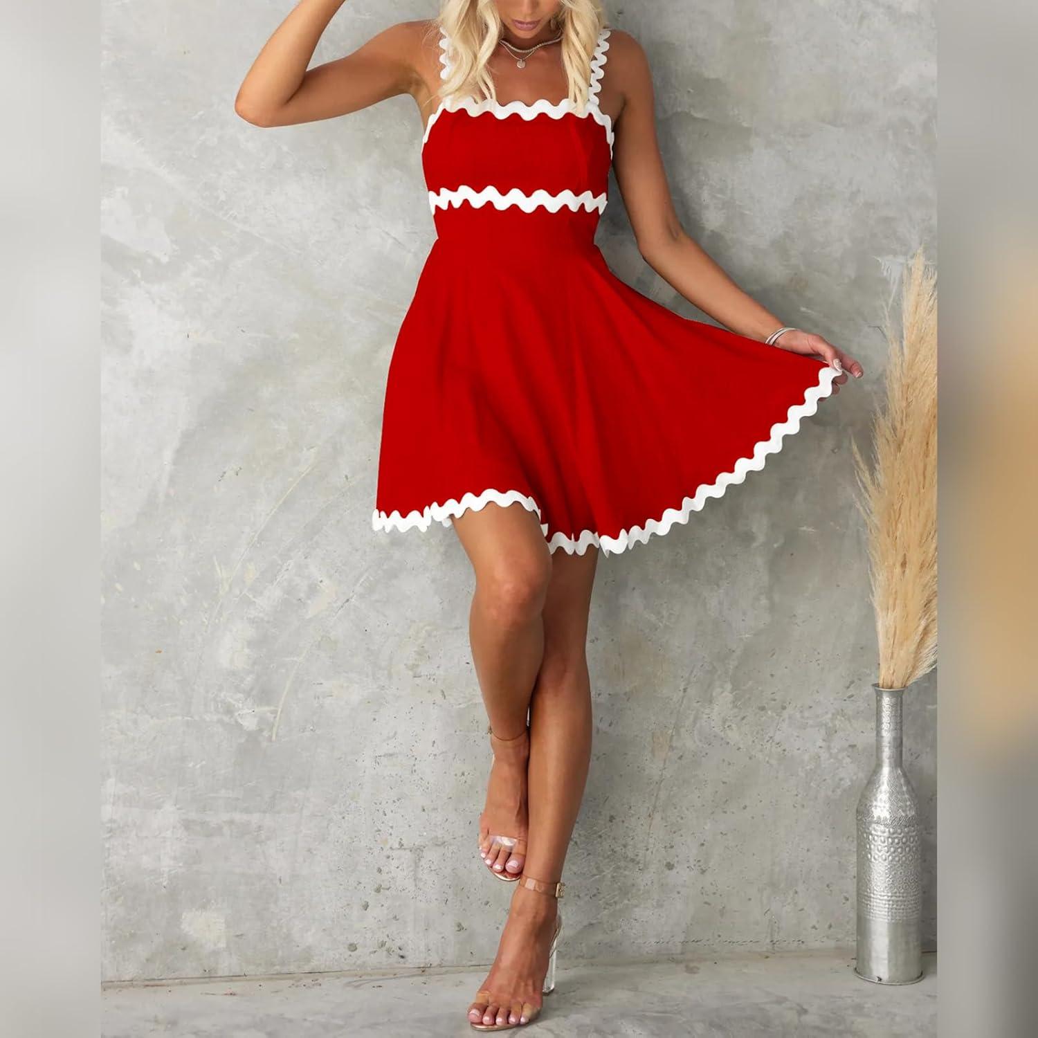 imageIDOPIP Women Summer Boho Mini Dress Smocked Empire Waist Rickrack Trim Flowy Sundress Spaghetti Straps ALine Swing DressRed