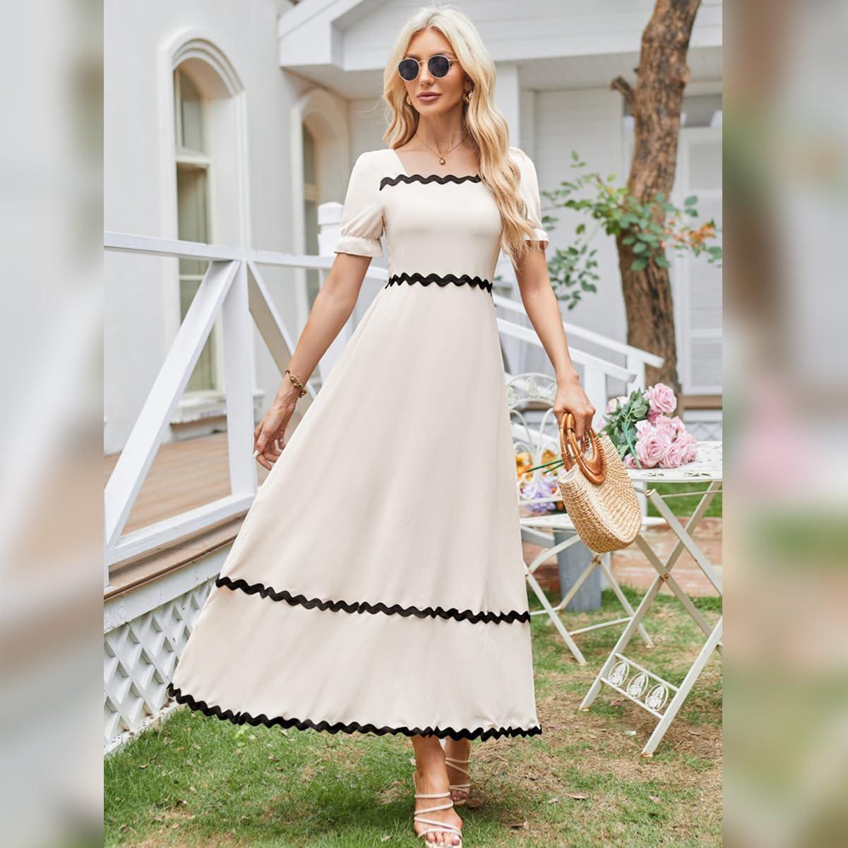 imageIDOPIP Women Summer Casual Maxi Dress Rickrack Trim Puff Sleeve Dress Vacation Outfit Smocked Wedding Guest Elegant SundressApricot