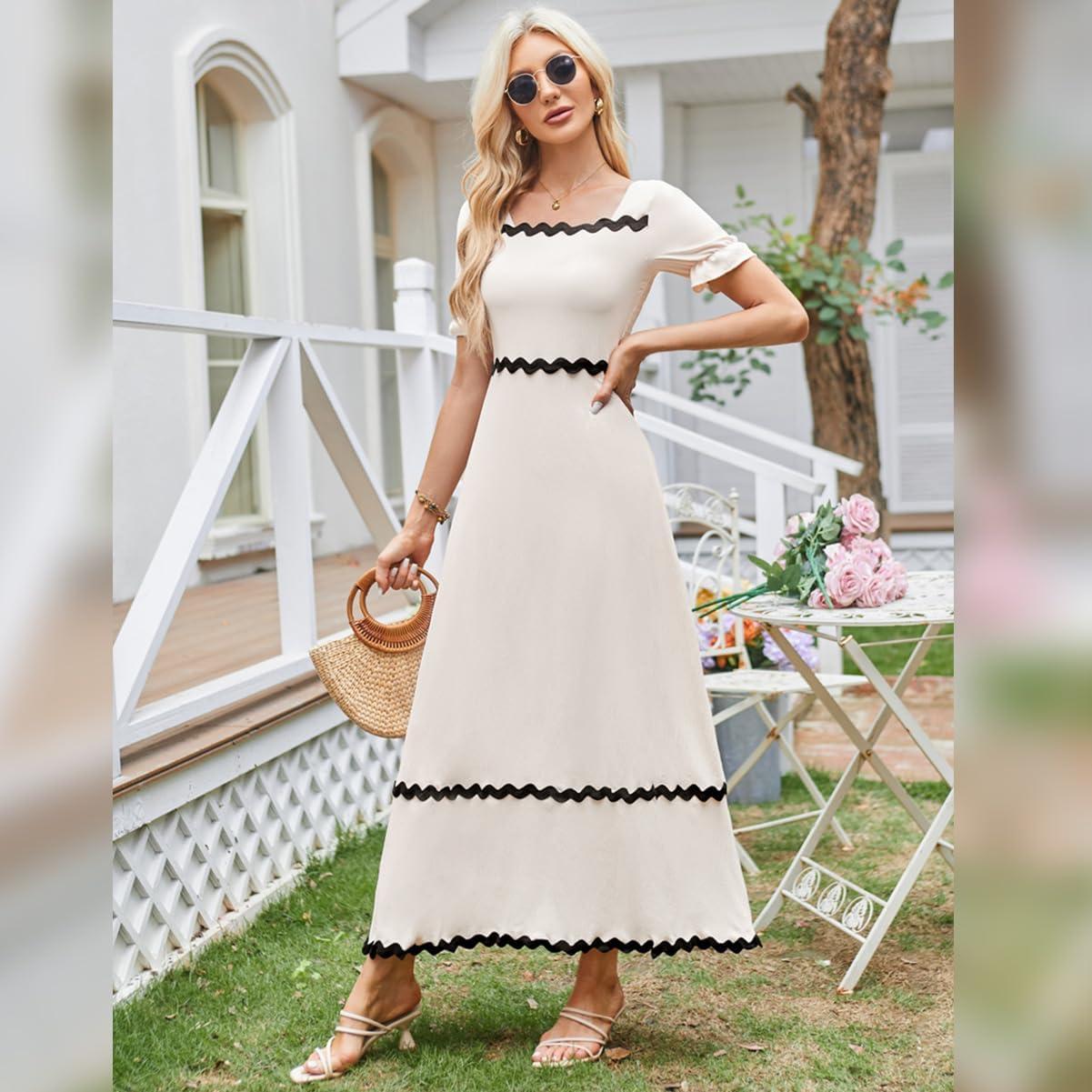imageIDOPIP Women Summer Casual Maxi Dress Rickrack Trim Puff Sleeve Dress Vacation Outfit Smocked Wedding Guest Elegant SundressApricot