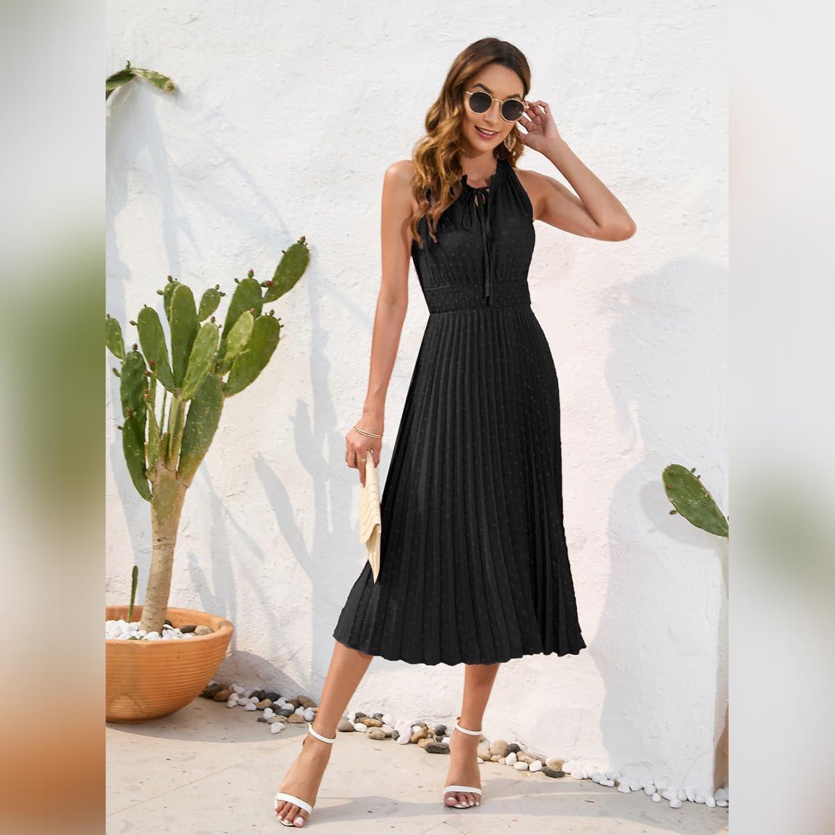 imageIDOPIP Women Summer Casual Pleated Midi Dress 2024 Tie Neck Swiss Dot Swing Dress Formal Shirred Waist Wedding Guest DressBlack