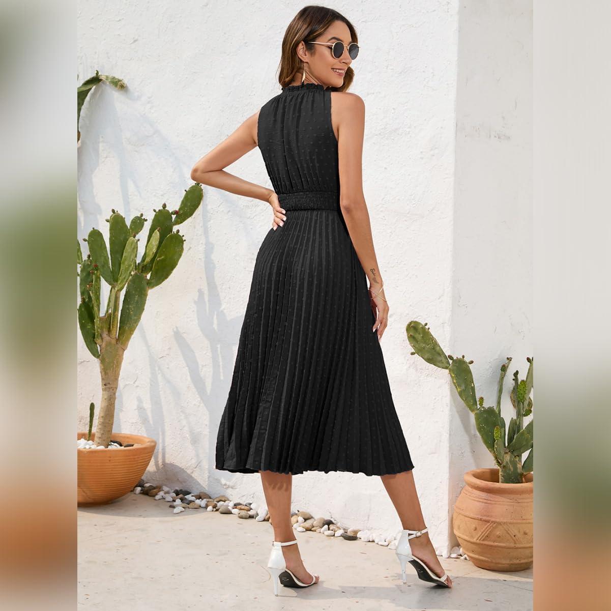 imageIDOPIP Women Summer Casual Pleated Midi Dress 2024 Tie Neck Swiss Dot Swing Dress Formal Shirred Waist Wedding Guest DressBlack