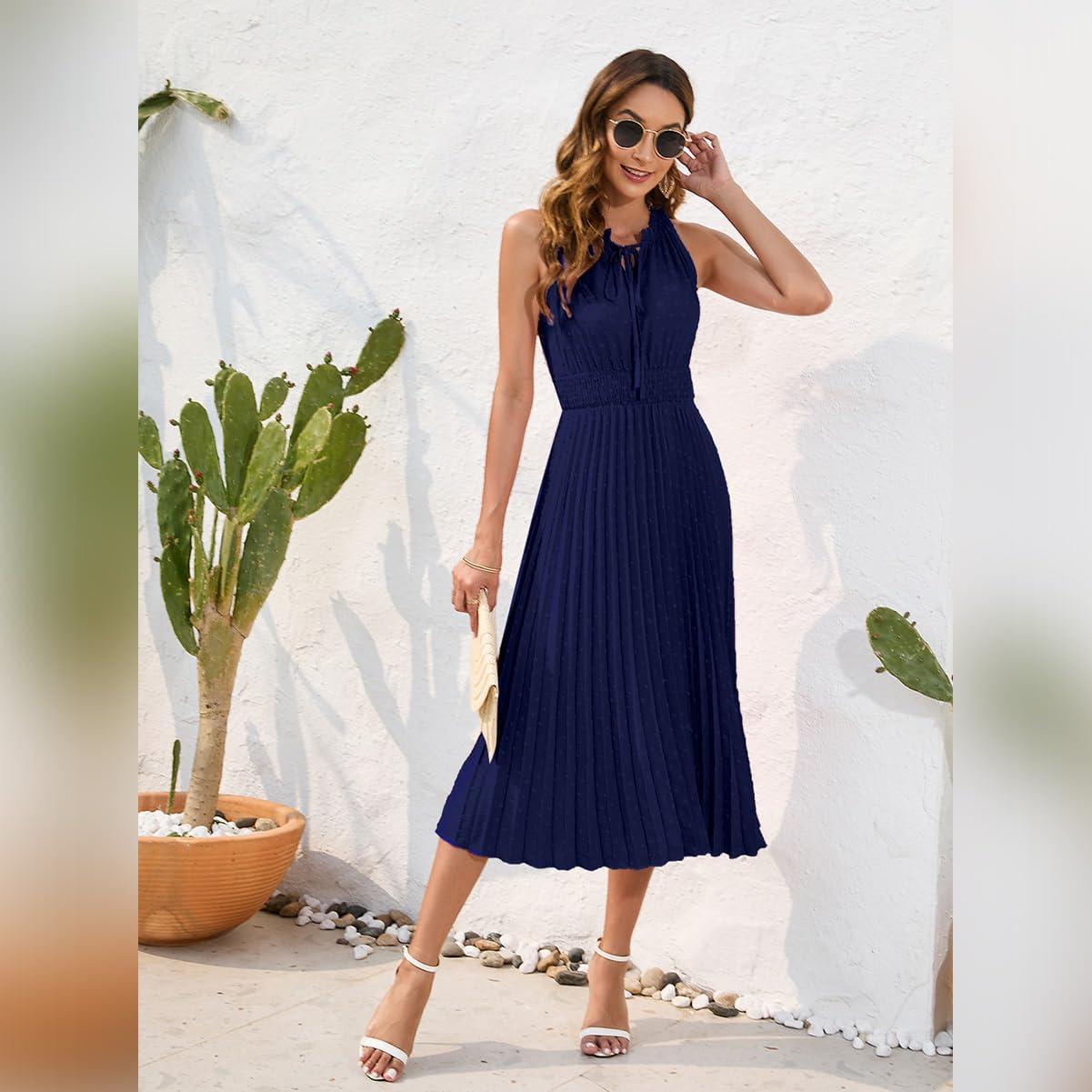 imageIDOPIP Women Summer Casual Pleated Midi Dress 2024 Tie Neck Swiss Dot Swing Dress Formal Shirred Waist Wedding Guest DressBlue