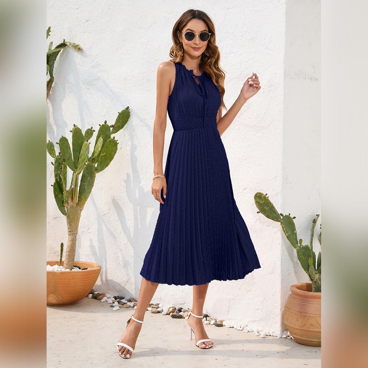 imageIDOPIP Women Summer Casual Pleated Midi Dress 2024 Tie Neck Swiss Dot Swing Dress Formal Shirred Waist Wedding Guest DressBlue