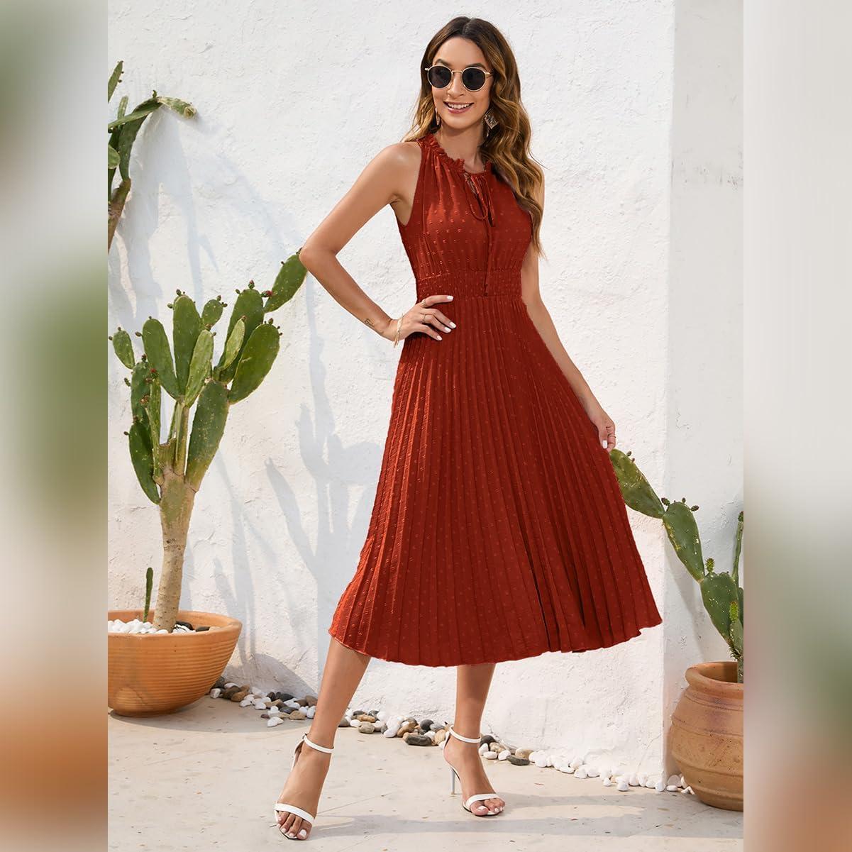 imageIDOPIP Women Summer Casual Pleated Midi Dress 2024 Tie Neck Swiss Dot Swing Dress Formal Shirred Waist Wedding Guest DressBrick Red