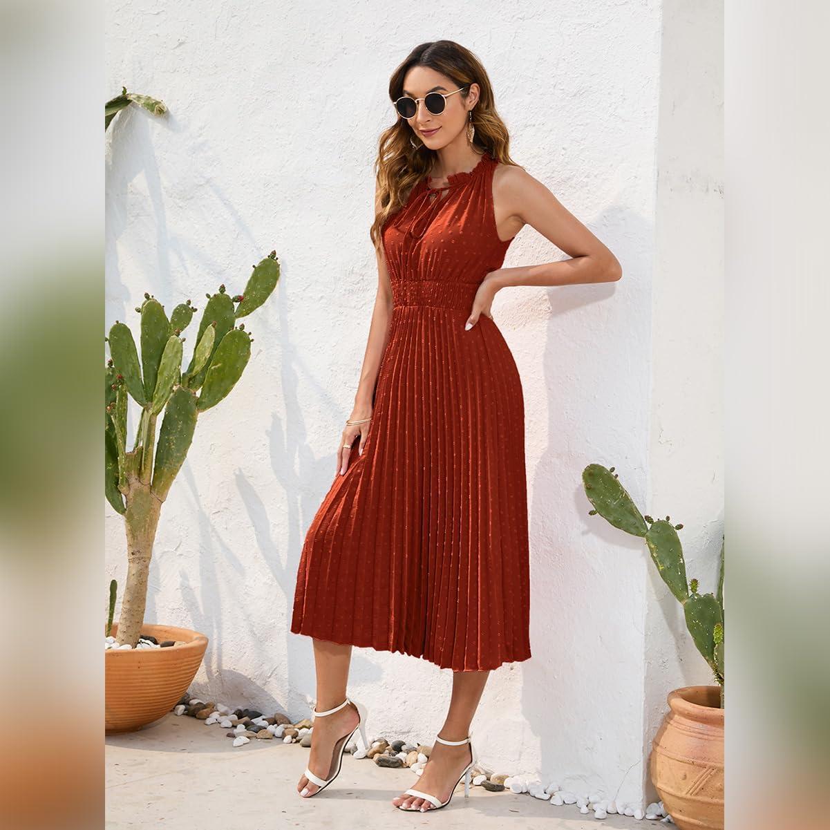 imageIDOPIP Women Summer Casual Pleated Midi Dress 2024 Tie Neck Swiss Dot Swing Dress Formal Shirred Waist Wedding Guest DressBrick Red