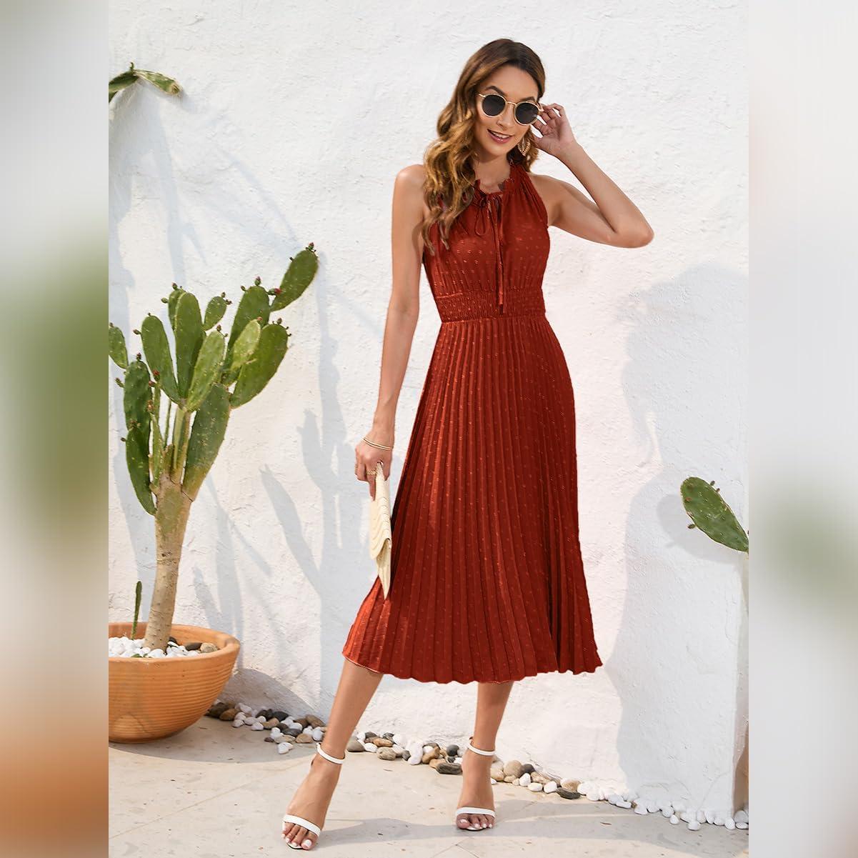 imageIDOPIP Women Summer Casual Pleated Midi Dress 2024 Tie Neck Swiss Dot Swing Dress Formal Shirred Waist Wedding Guest DressBrick Red