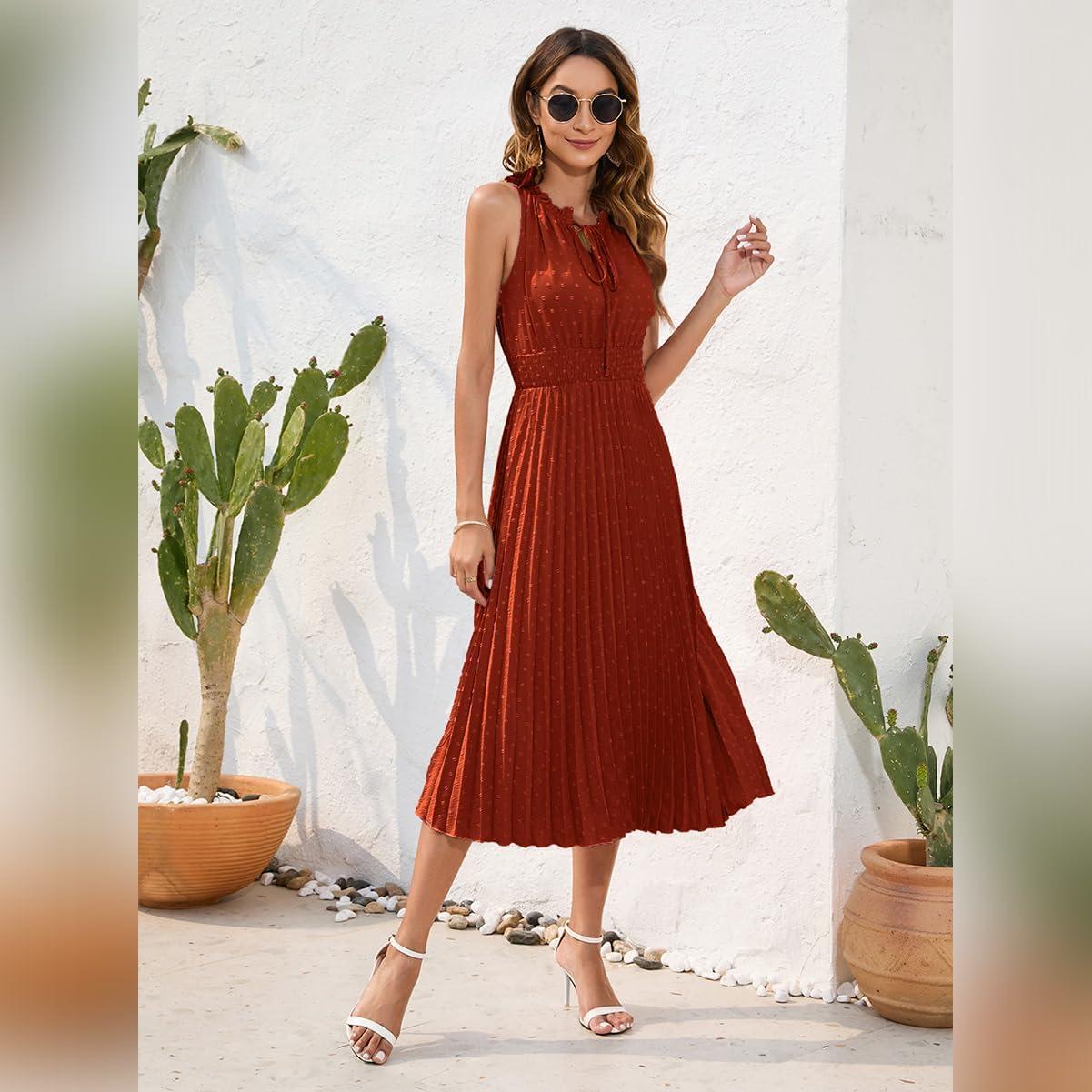 imageIDOPIP Women Summer Casual Pleated Midi Dress 2024 Tie Neck Swiss Dot Swing Dress Formal Shirred Waist Wedding Guest DressBrick Red
