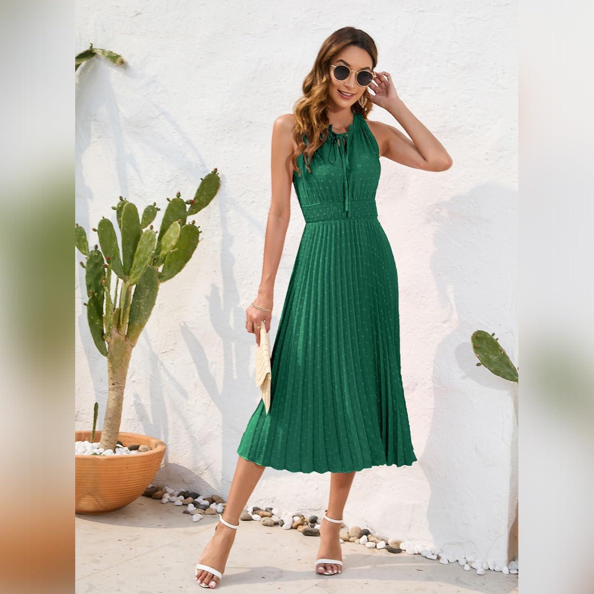 imageIDOPIP Women Summer Casual Pleated Midi Dress 2024 Tie Neck Swiss Dot Swing Dress Formal Shirred Waist Wedding Guest DressGreen