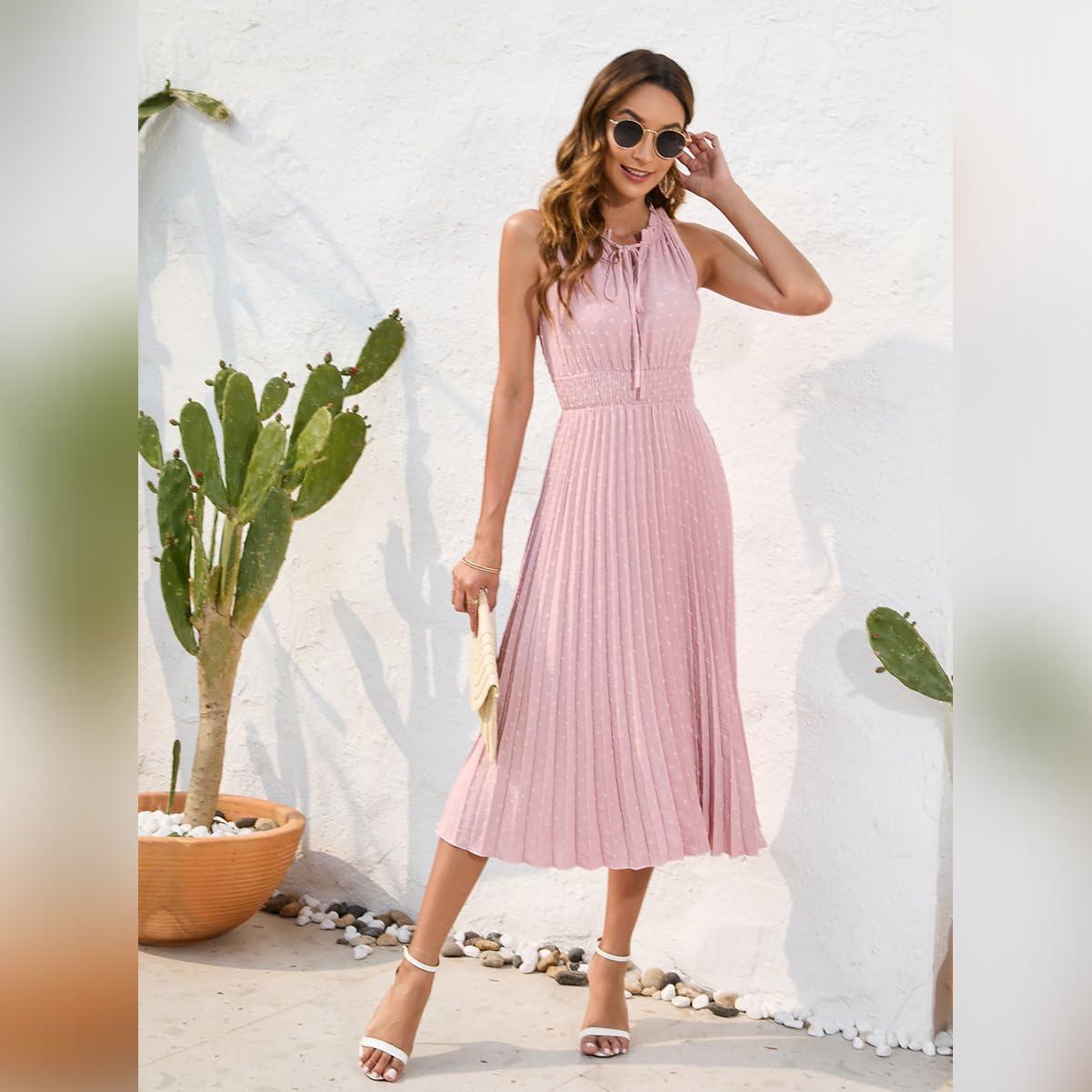 imageIDOPIP Women Summer Casual Pleated Midi Dress 2024 Tie Neck Swiss Dot Swing Dress Formal Shirred Waist Wedding Guest DressPink