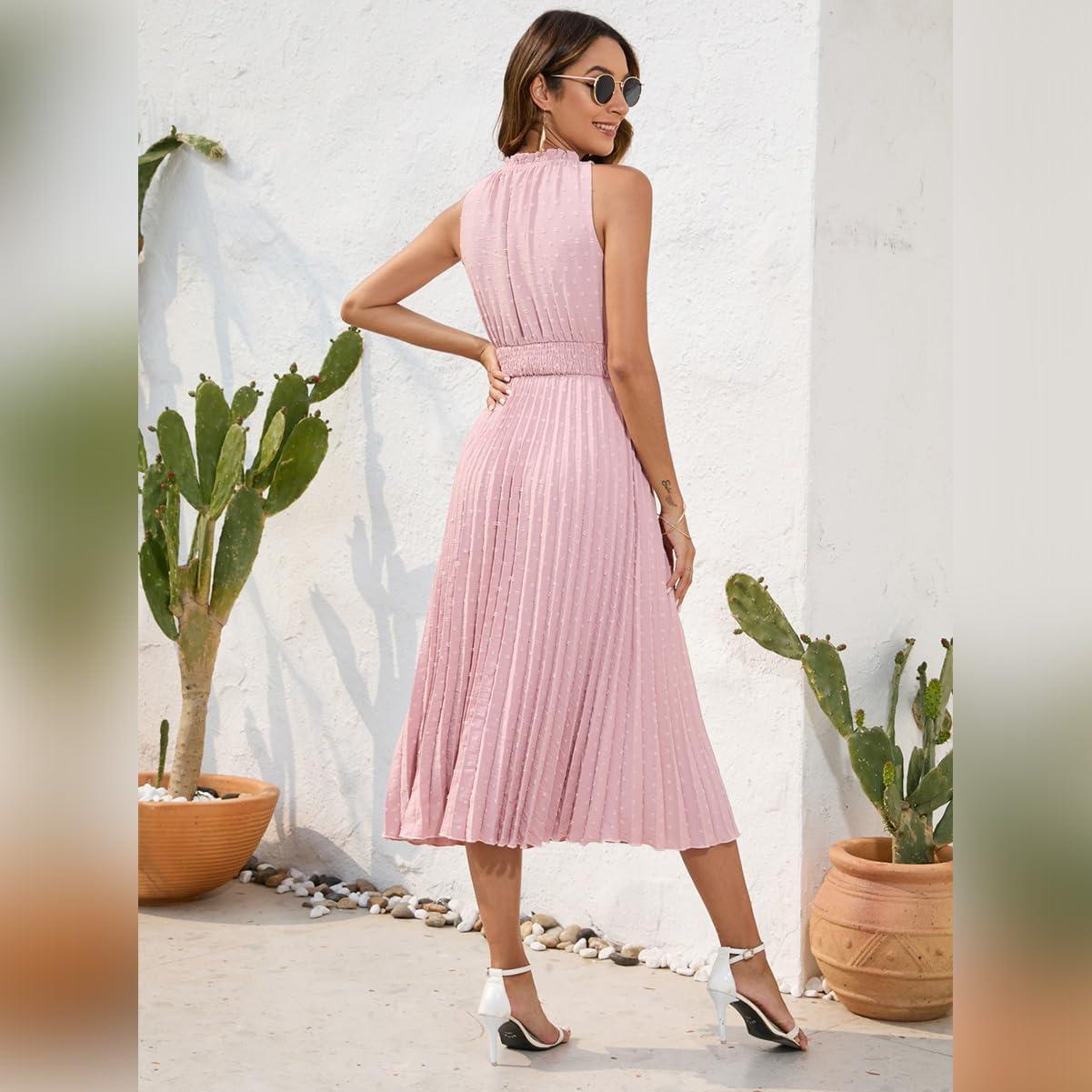 imageIDOPIP Women Summer Casual Pleated Midi Dress 2024 Tie Neck Swiss Dot Swing Dress Formal Shirred Waist Wedding Guest DressPink