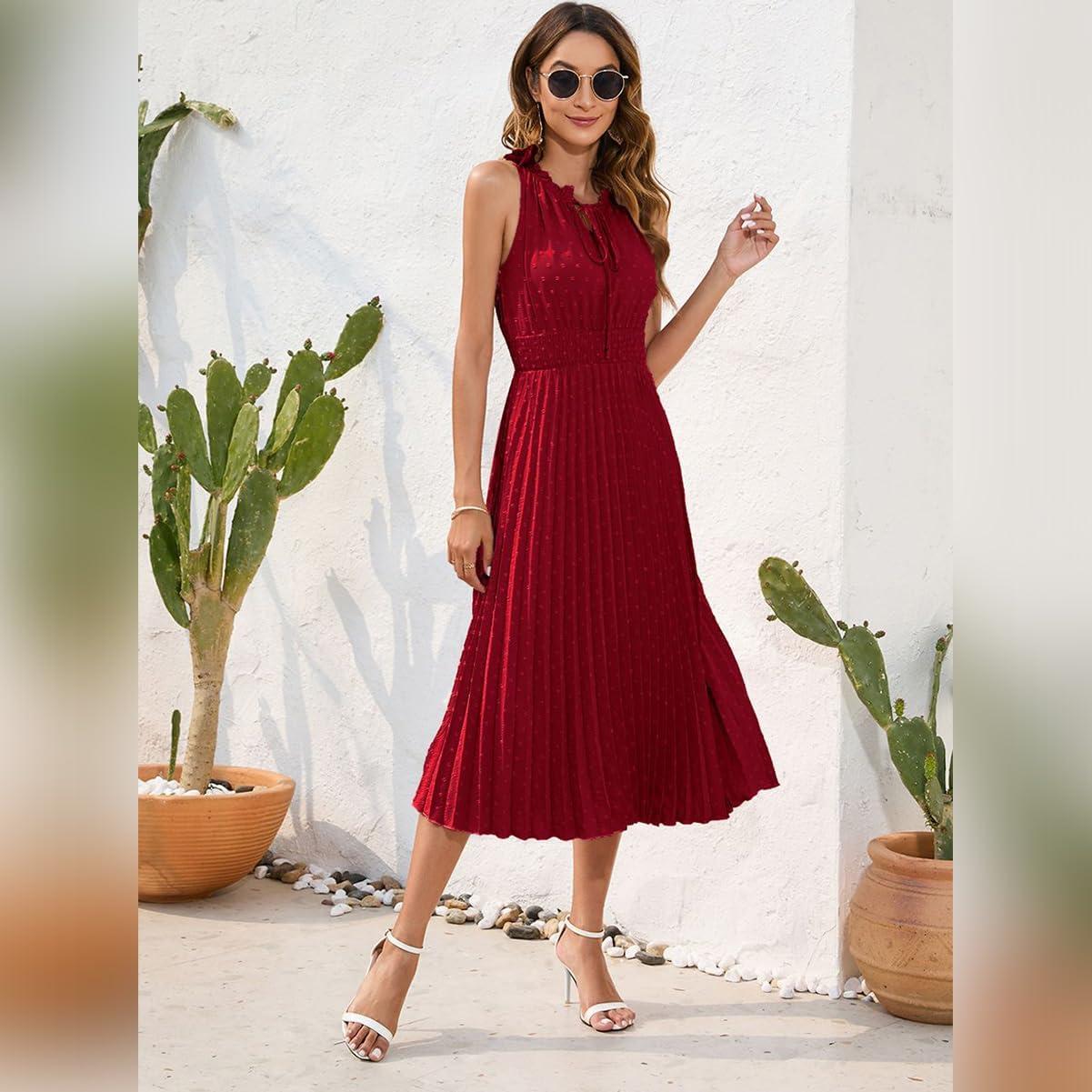 imageIDOPIP Women Summer Casual Pleated Midi Dress 2024 Tie Neck Swiss Dot Swing Dress Formal Shirred Waist Wedding Guest DressRed