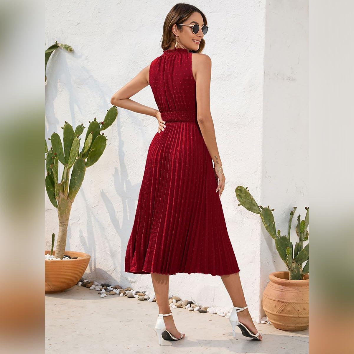 imageIDOPIP Women Summer Casual Pleated Midi Dress 2024 Tie Neck Swiss Dot Swing Dress Formal Shirred Waist Wedding Guest DressRed