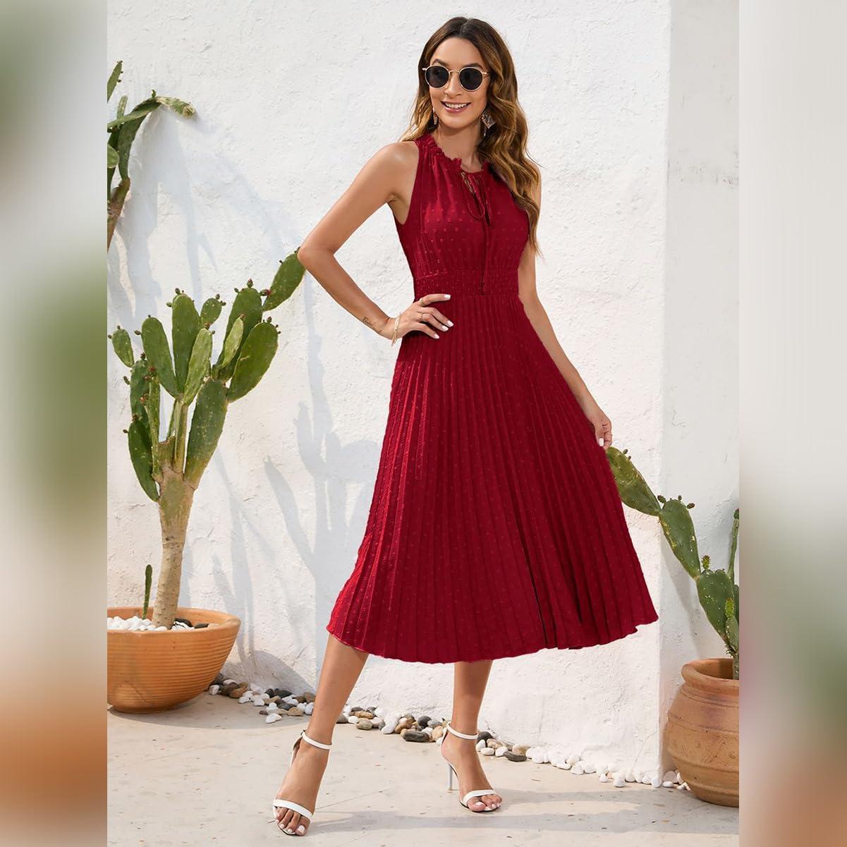 imageIDOPIP Women Summer Casual Pleated Midi Dress 2024 Tie Neck Swiss Dot Swing Dress Formal Shirred Waist Wedding Guest DressRed