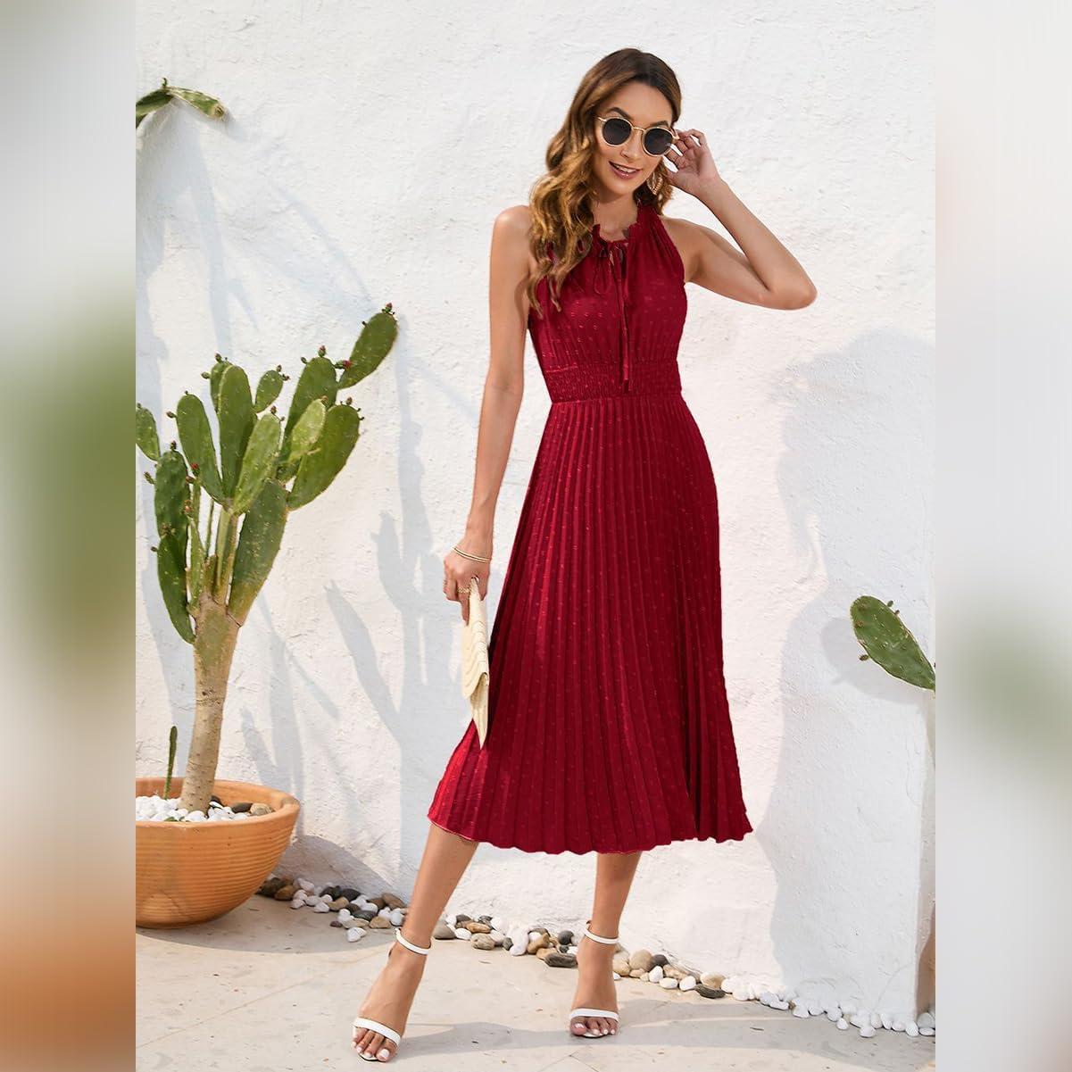 imageIDOPIP Women Summer Casual Pleated Midi Dress 2024 Tie Neck Swiss Dot Swing Dress Formal Shirred Waist Wedding Guest DressRed