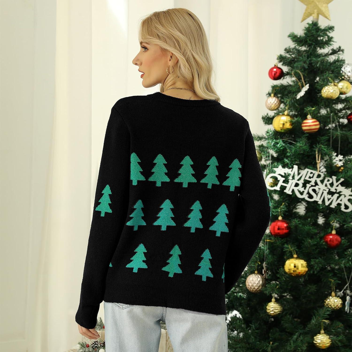imageIDOPIP Women Ugly Christmas Knitted Sweater Pullover Xmas Top Long Sleeve Winter Ribbed Sweatshirts Christmas Tree SweatersGreen