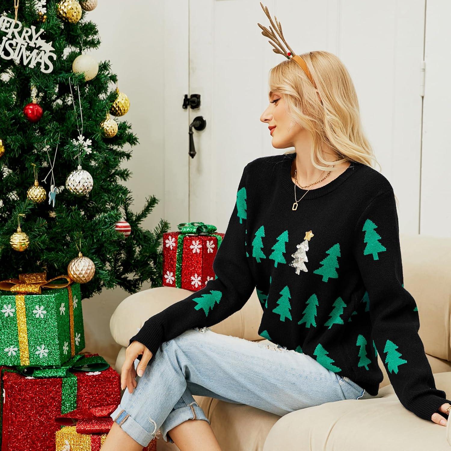 imageIDOPIP Women Ugly Christmas Knitted Sweater Pullover Xmas Top Long Sleeve Winter Ribbed Sweatshirts Christmas Tree SweatersGreen