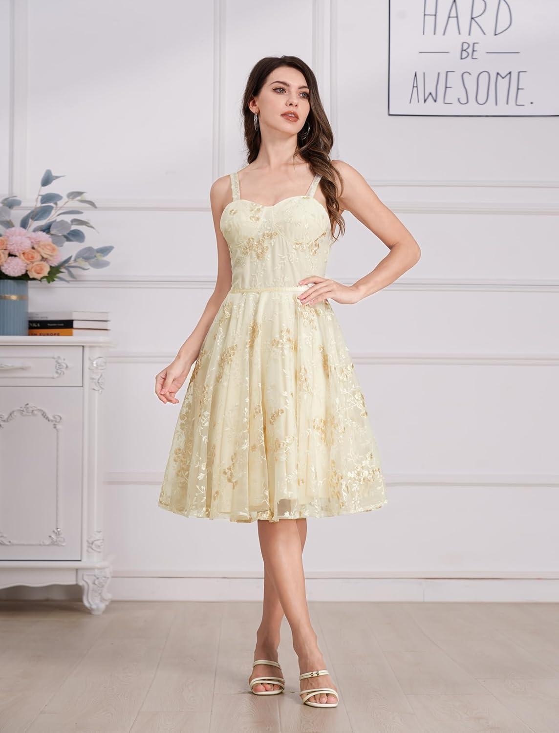 imageIDOPIP Women Vintage Floral Embroidery Mesh Dress 1950s Elegant Cocktail Party Swing Dress Formal ALine Tulle Prom GownApricot