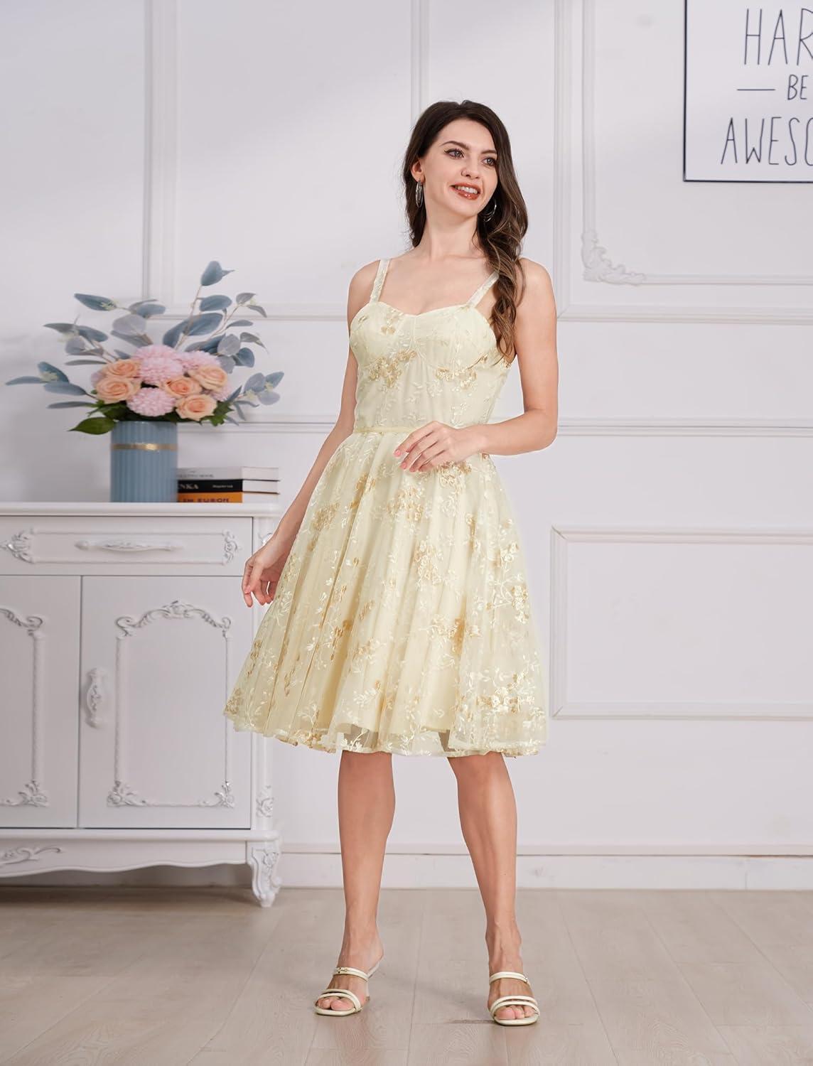 imageIDOPIP Women Vintage Floral Embroidery Mesh Dress 1950s Elegant Cocktail Party Swing Dress Formal ALine Tulle Prom GownApricot