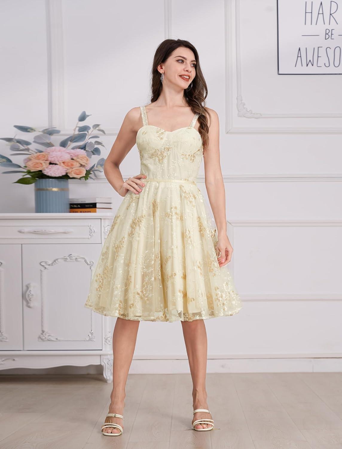 imageIDOPIP Women Vintage Floral Embroidery Mesh Dress 1950s Elegant Cocktail Party Swing Dress Formal ALine Tulle Prom GownApricot