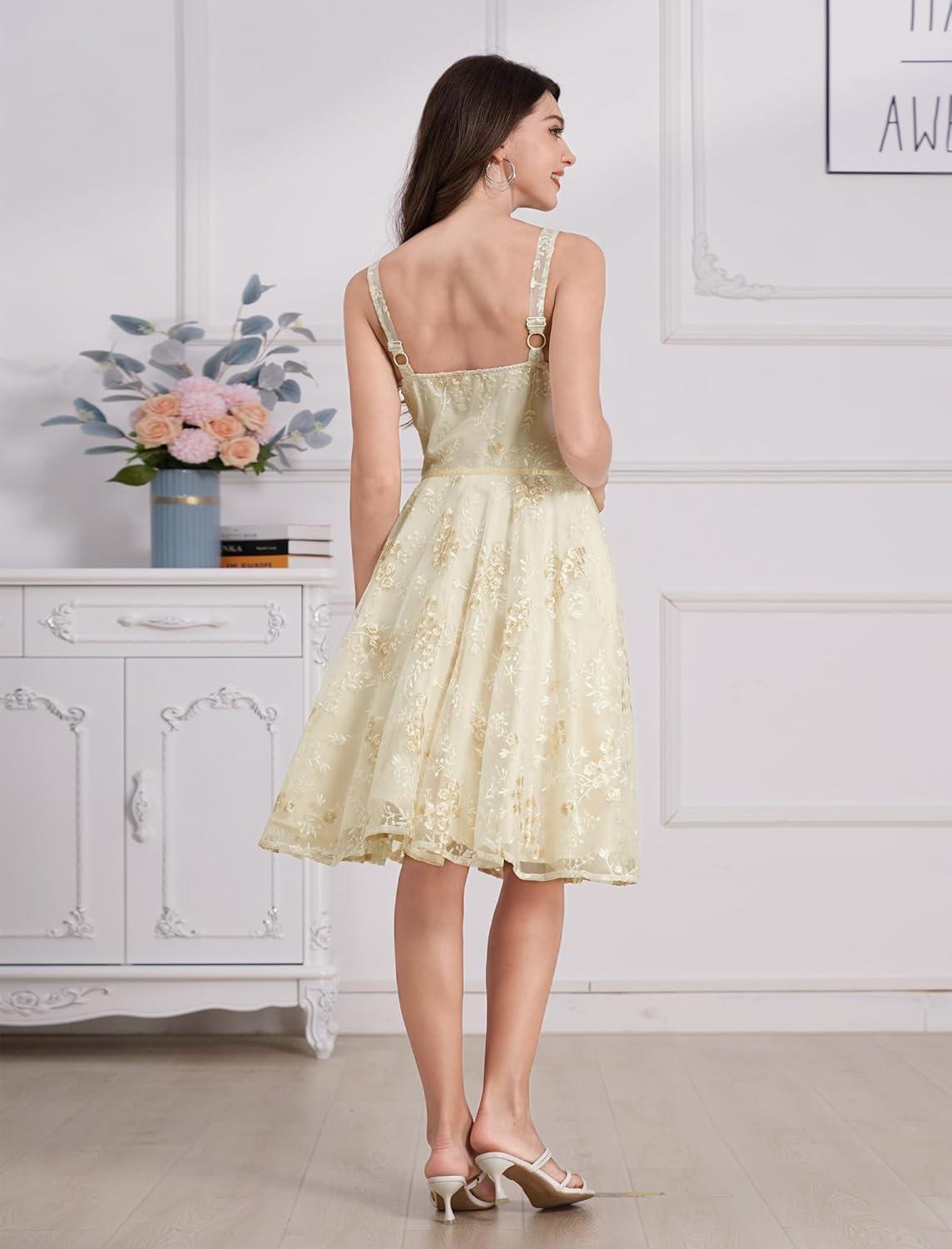 imageIDOPIP Women Vintage Floral Embroidery Mesh Dress 1950s Elegant Cocktail Party Swing Dress Formal ALine Tulle Prom GownApricot