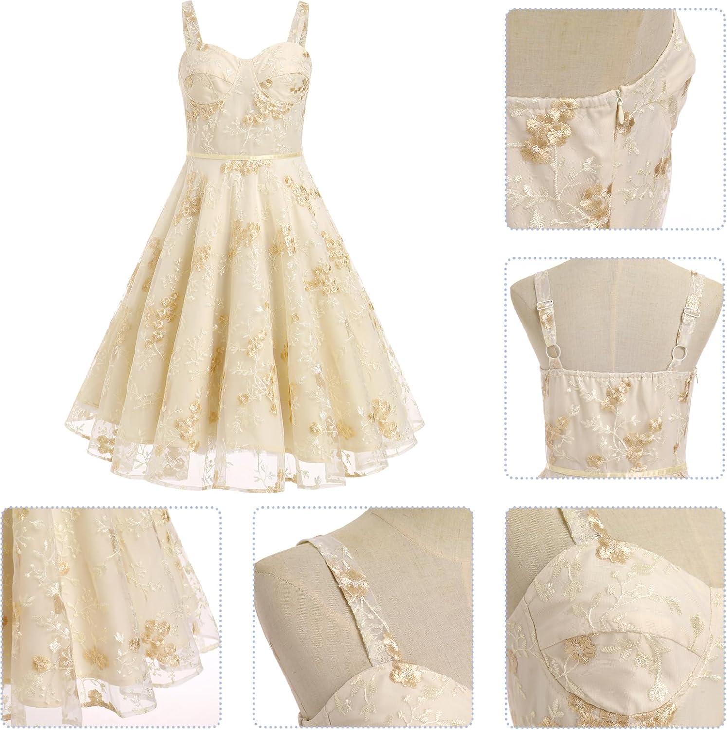 imageIDOPIP Women Vintage Floral Embroidery Mesh Dress 1950s Elegant Cocktail Party Swing Dress Formal ALine Tulle Prom GownApricot