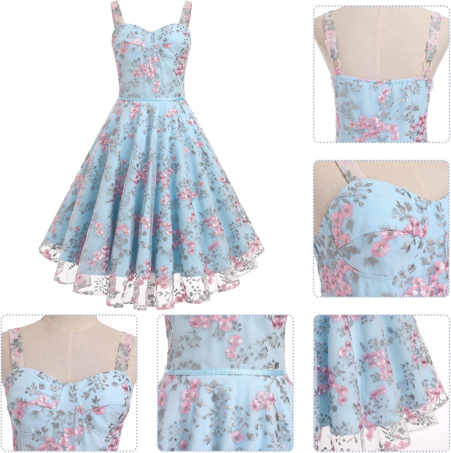 imageIDOPIP Women Vintage Floral Embroidery Mesh Dress 1950s Elegant Cocktail Party Swing Dress Formal ALine Tulle Prom GownBlue