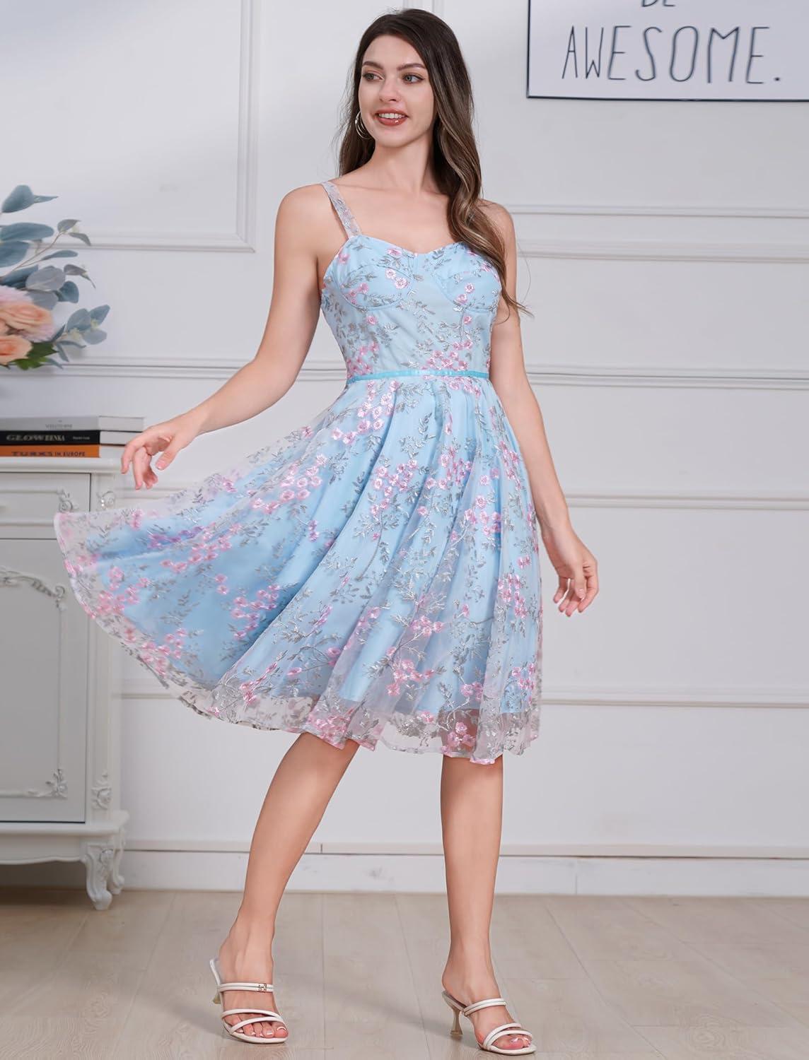 imageIDOPIP Women Vintage Floral Embroidery Mesh Dress 1950s Elegant Cocktail Party Swing Dress Formal ALine Tulle Prom GownBlue