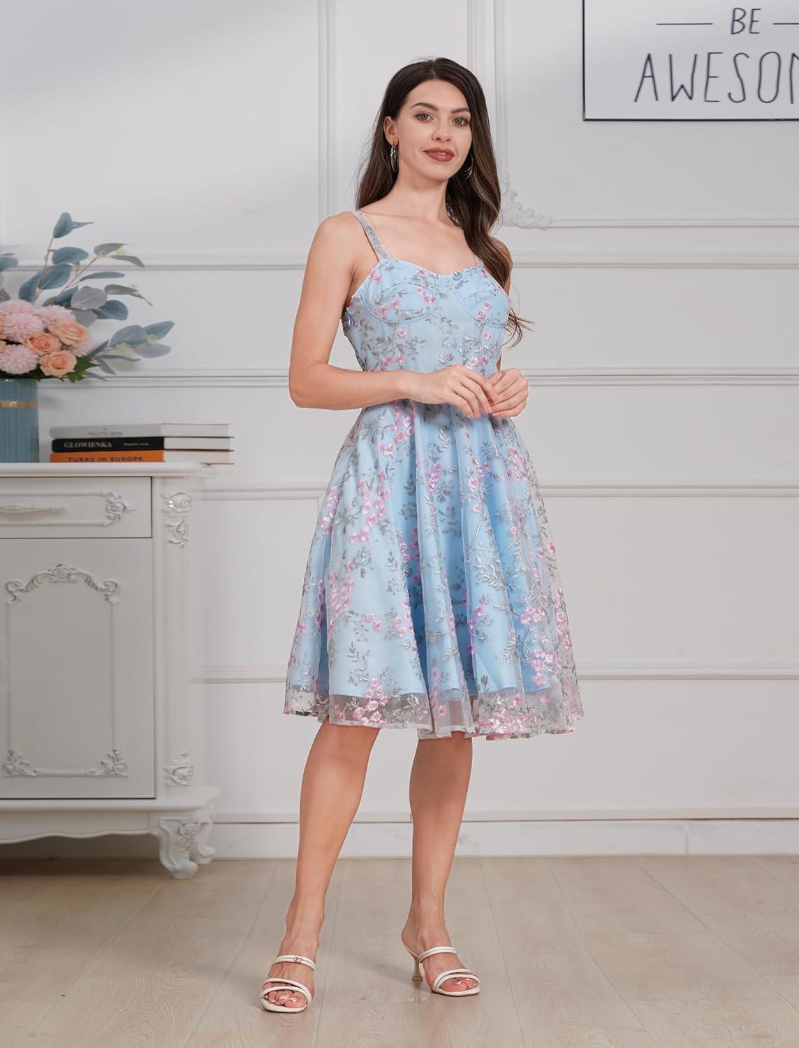 imageIDOPIP Women Vintage Floral Embroidery Mesh Dress 1950s Elegant Cocktail Party Swing Dress Formal ALine Tulle Prom GownBlue