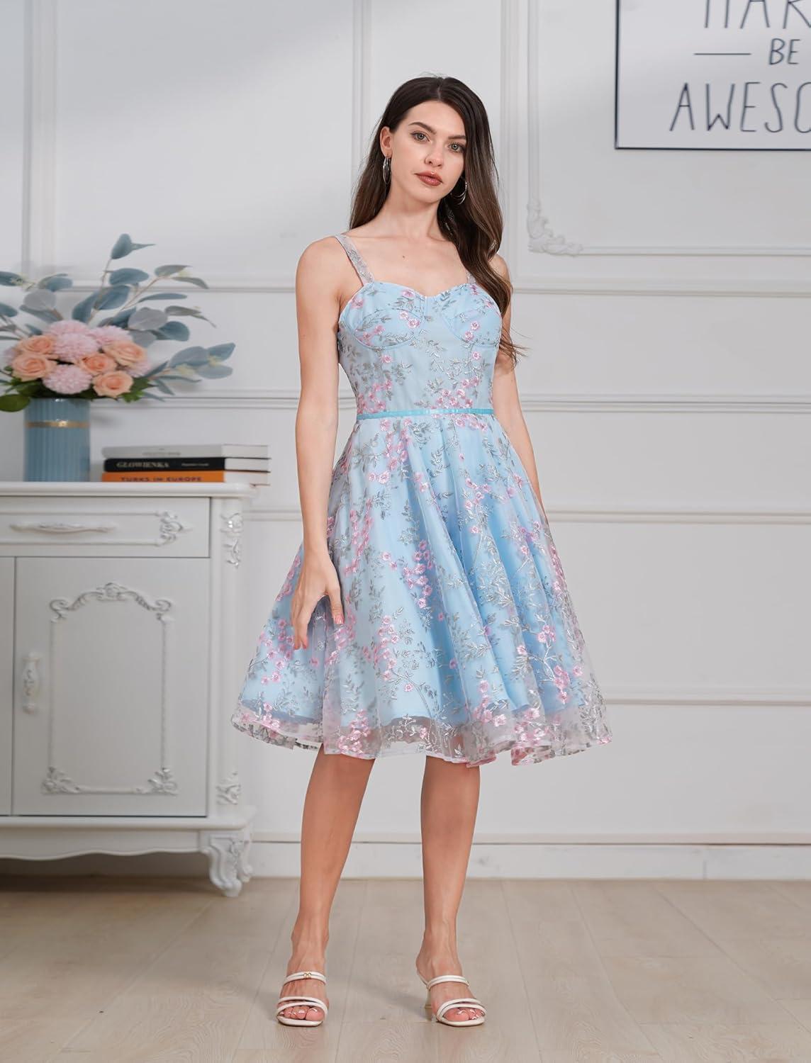imageIDOPIP Women Vintage Floral Embroidery Mesh Dress 1950s Elegant Cocktail Party Swing Dress Formal ALine Tulle Prom GownBlue
