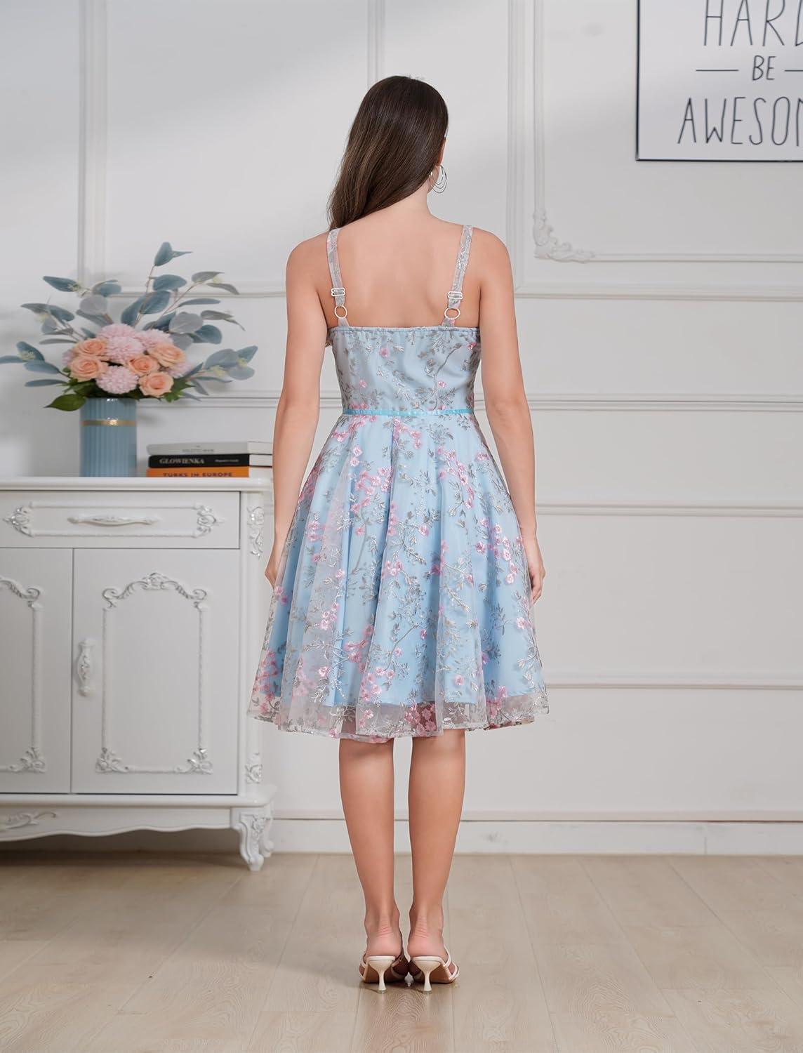 imageIDOPIP Women Vintage Floral Embroidery Mesh Dress 1950s Elegant Cocktail Party Swing Dress Formal ALine Tulle Prom GownBlue