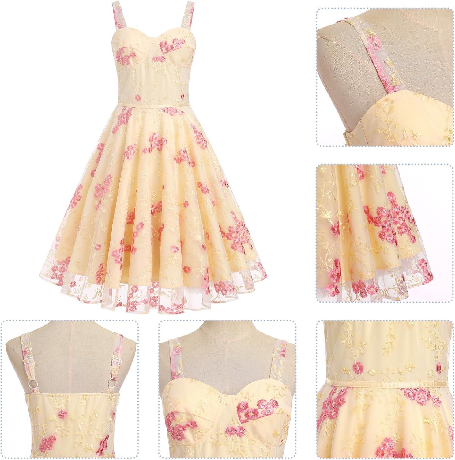 imageIDOPIP Women Vintage Floral Embroidery Mesh Dress 1950s Elegant Cocktail Party Swing Dress Formal ALine Tulle Prom GownYellow