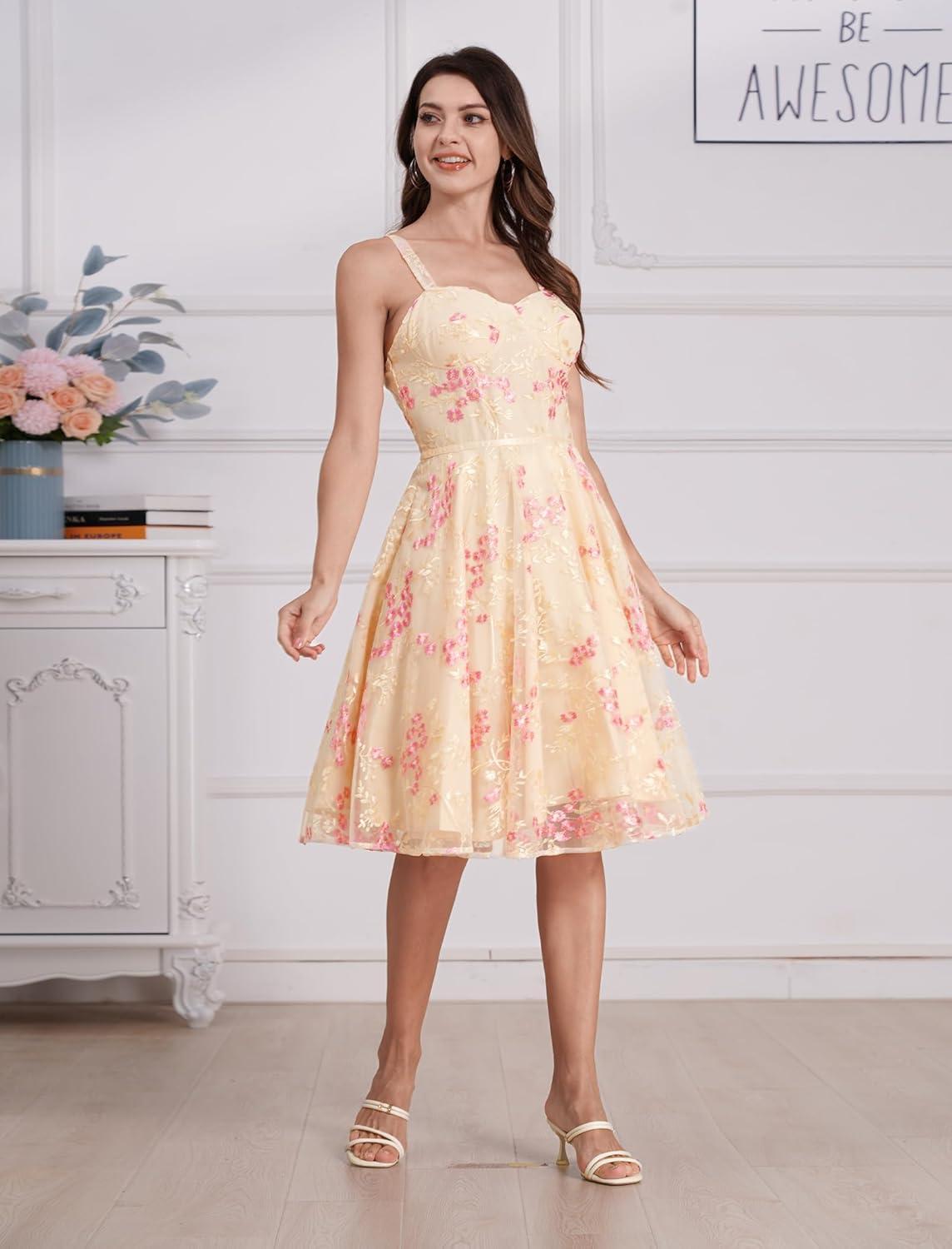 imageIDOPIP Women Vintage Floral Embroidery Mesh Dress 1950s Elegant Cocktail Party Swing Dress Formal ALine Tulle Prom GownYellow