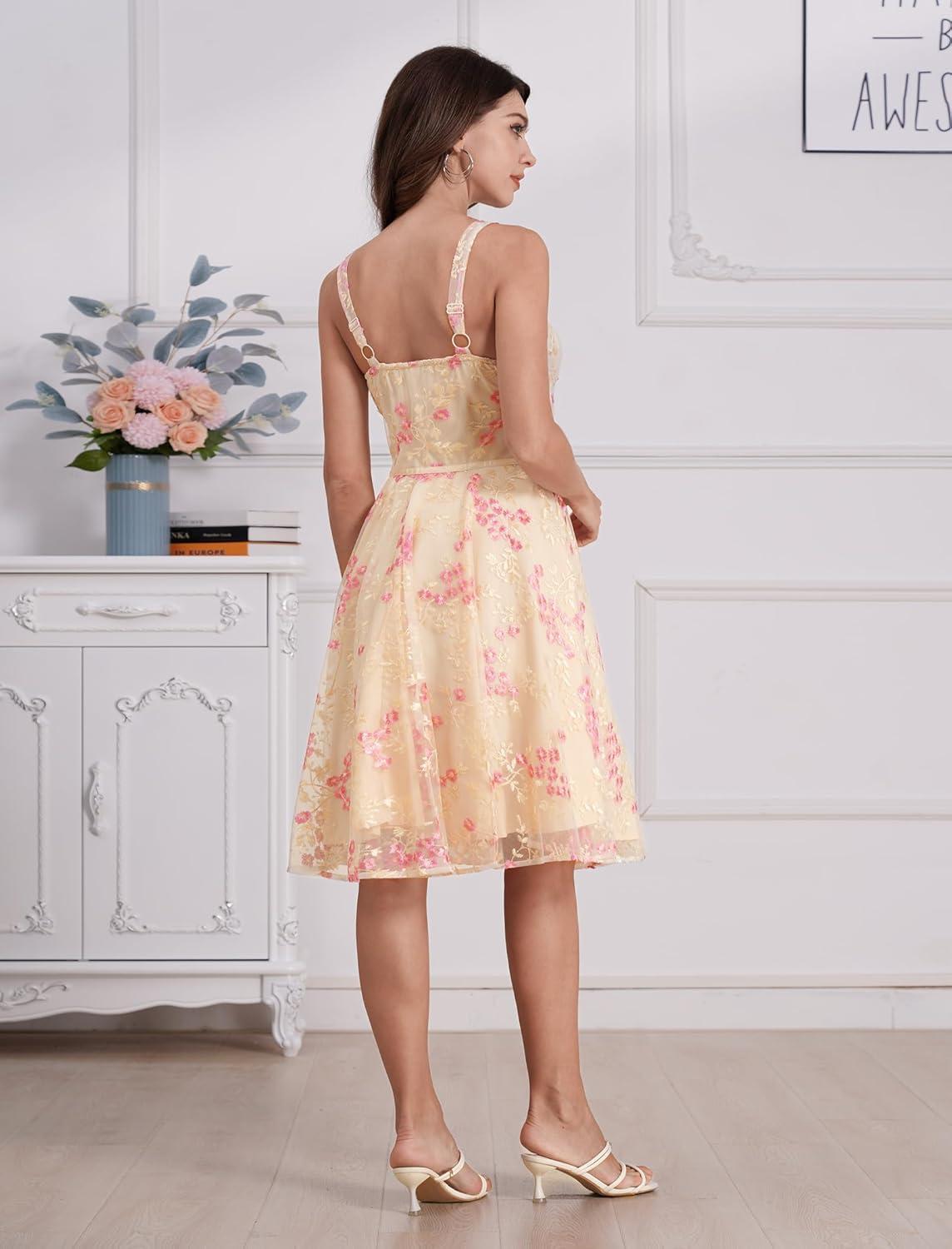 imageIDOPIP Women Vintage Floral Embroidery Mesh Dress 1950s Elegant Cocktail Party Swing Dress Formal ALine Tulle Prom GownYellow