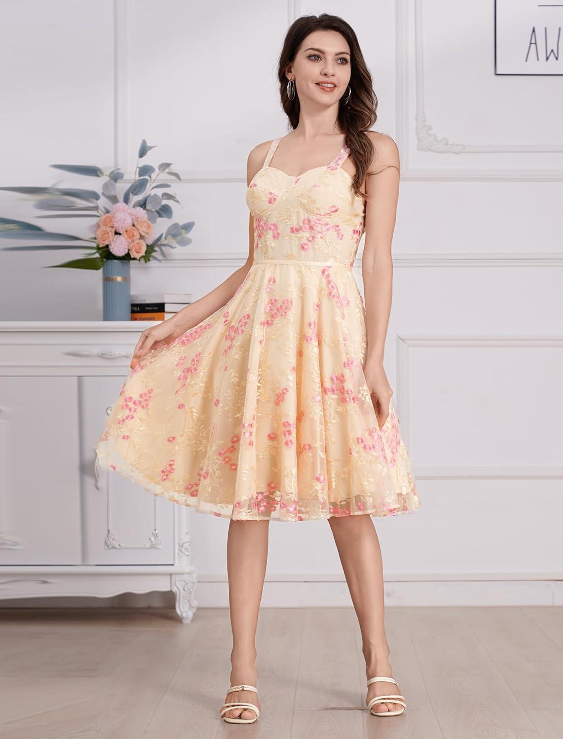 imageIDOPIP Women Vintage Floral Embroidery Mesh Dress 1950s Elegant Cocktail Party Swing Dress Formal ALine Tulle Prom GownYellow