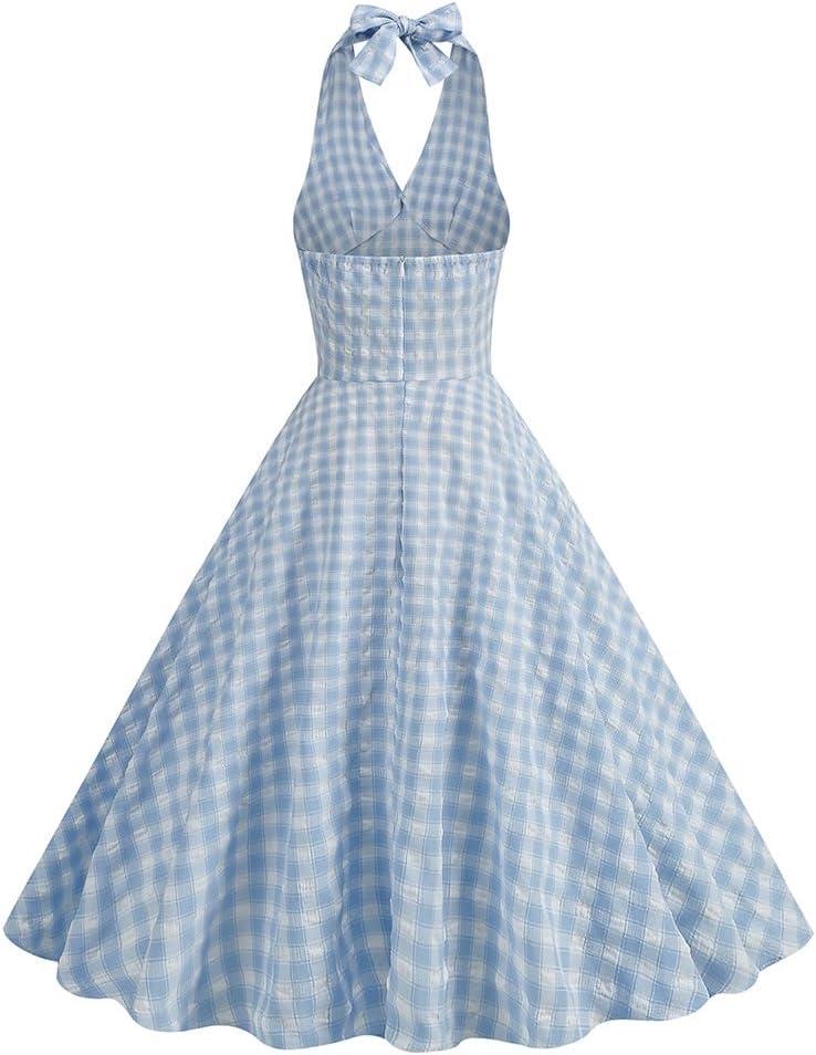 imageIDOPIP Womens 1950s Vintage Plaid Dress Retro Cocktail Swing Dress Prom Party Midi Dress Wedding Guest Outfit Gingham GownBlue