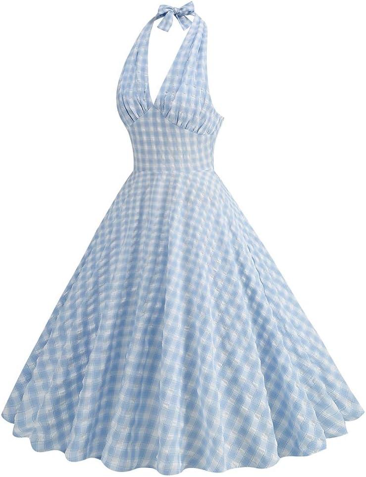 imageIDOPIP Womens 1950s Vintage Plaid Dress Retro Cocktail Swing Dress Prom Party Midi Dress Wedding Guest Outfit Gingham GownBlue